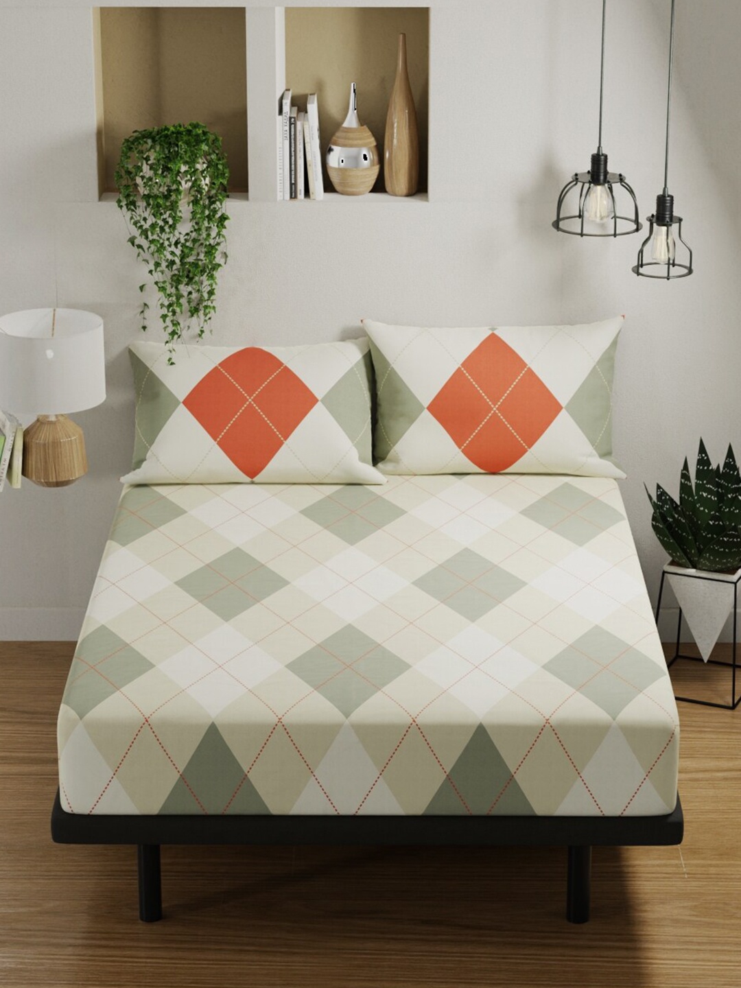 

BIANCA White & Green Geometric Pure Cotton 144 TC Queen Bedsheet with 2 Pillow Covers