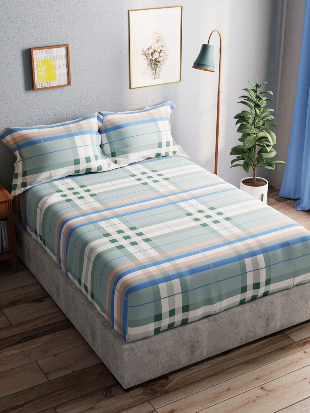 

BIANCA Amolina Grey & Green Printed Cotton 140 TC Queen Bedsheet with 2 Pillow Covers