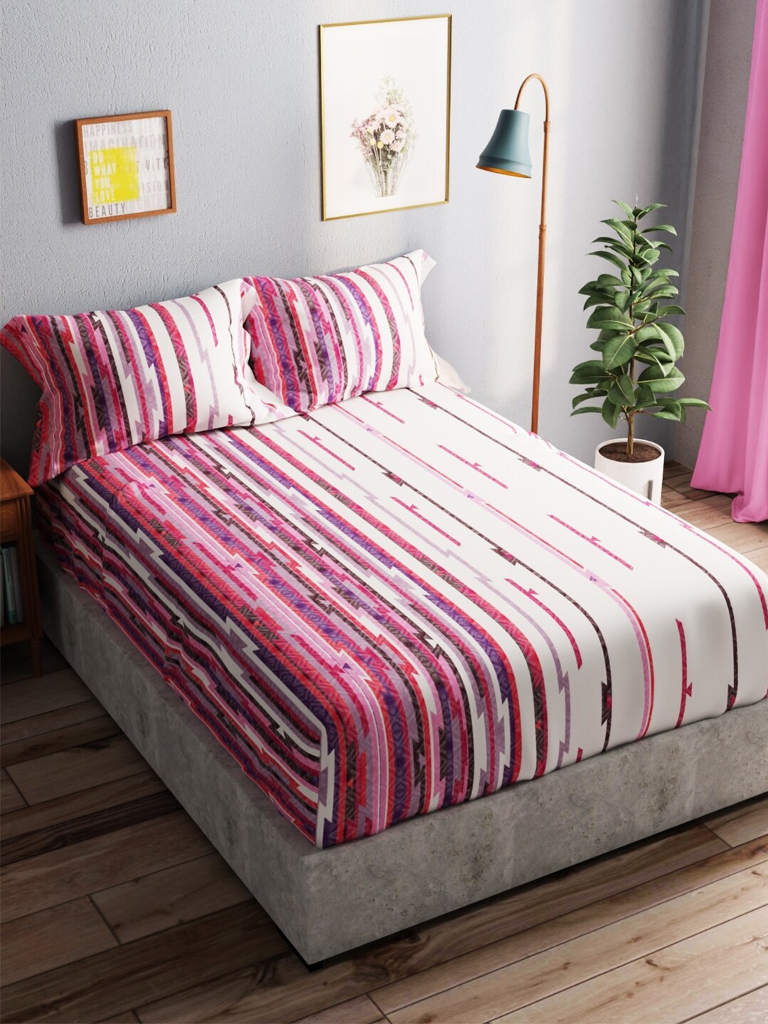 

BIANCA Amolina Purple & Pink Striped Cotton 140 TC Queen Bedsheet with 2 Pillow Covers