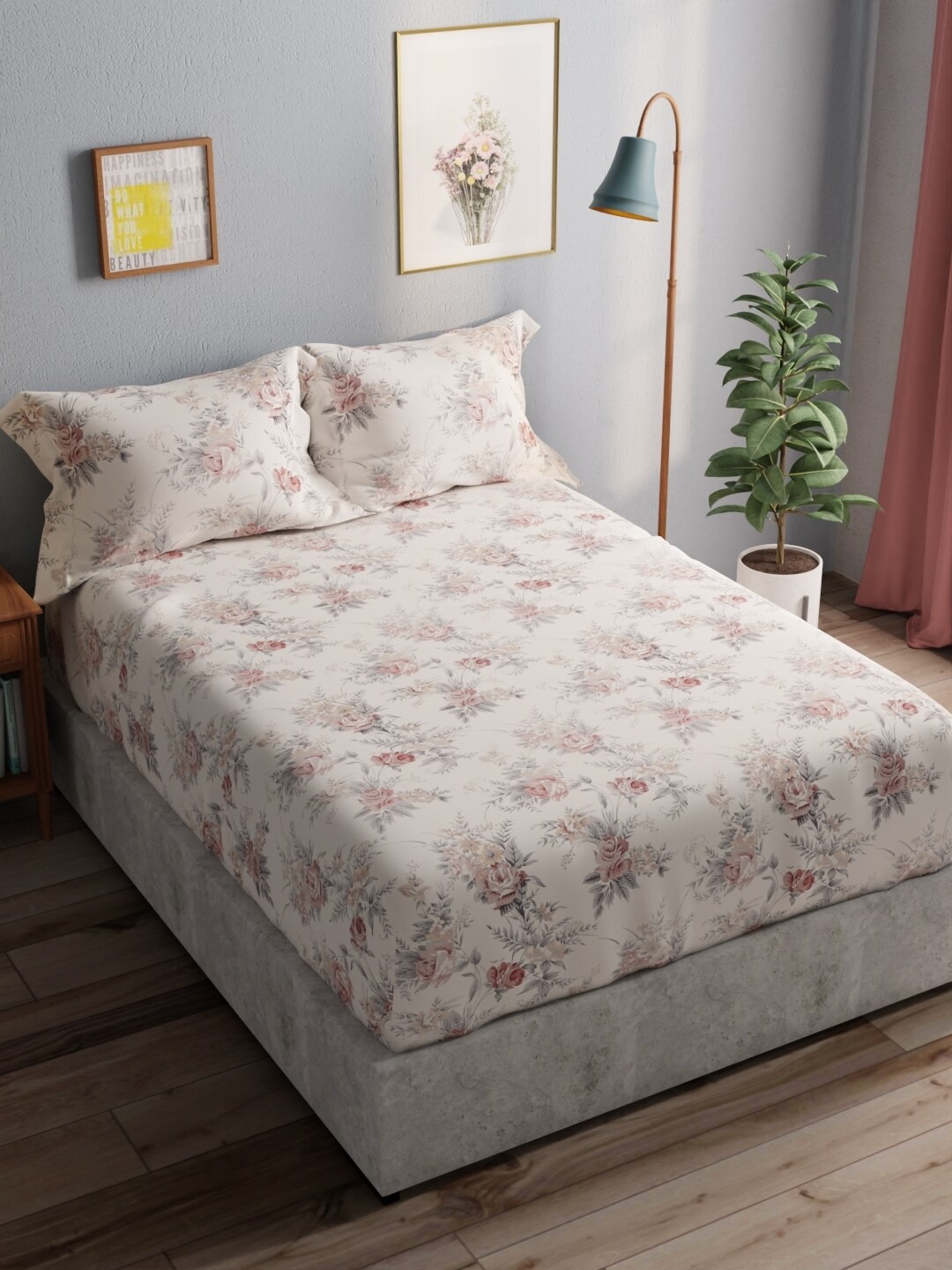 

BIANCA Off White & Grey Floral Pure Cotton 140 TC Queen Bedsheet with 2 Pillow Covers