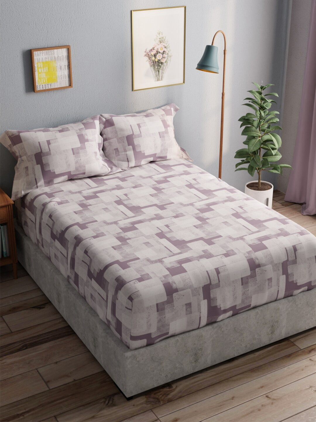 

BIANCA White & Mauve Pure Cotton 140 TC Queen Bedsheet with 2 Pillow Covers