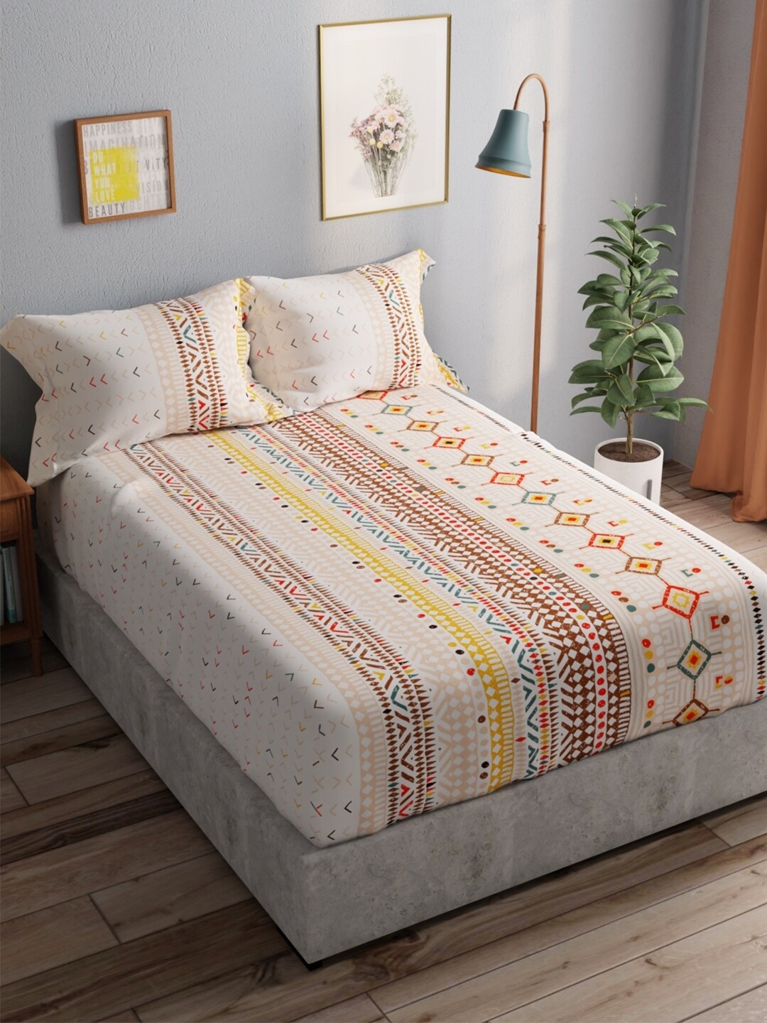 

BIANCA White & Peach-Coloured Pure Cotton 140 TC Queen Bedsheet with 2 Pillow Covers