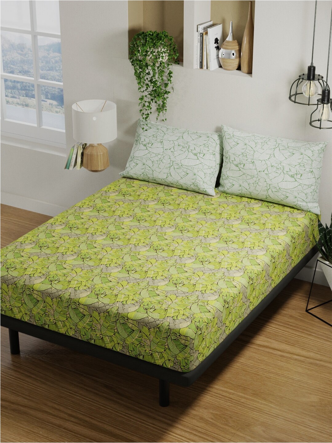 

BIANCA Green & White Floral Pure Cotton 144 TC Queen Bedsheet with 2 Pillow Covers