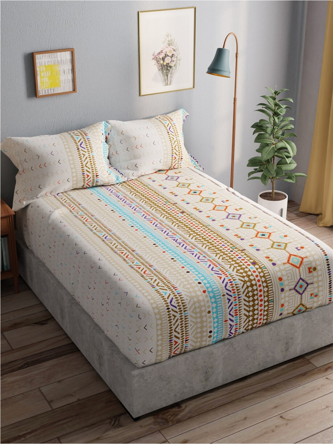 

BIANCA White & Beige Pure Cotton 140 TC Queen Bedsheet with 2 Pillow Covers