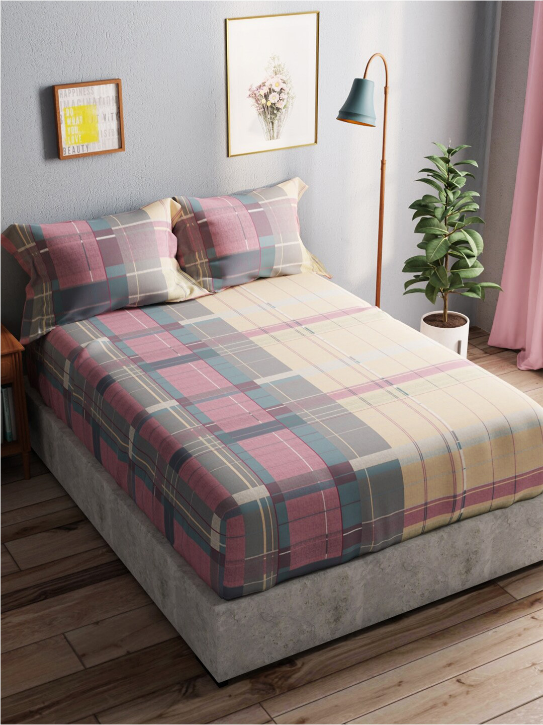 

BIANCA Yellow & Grey Geometric Pure Cotton 140 TC Queen Bedsheet with 2 Pillow Covers