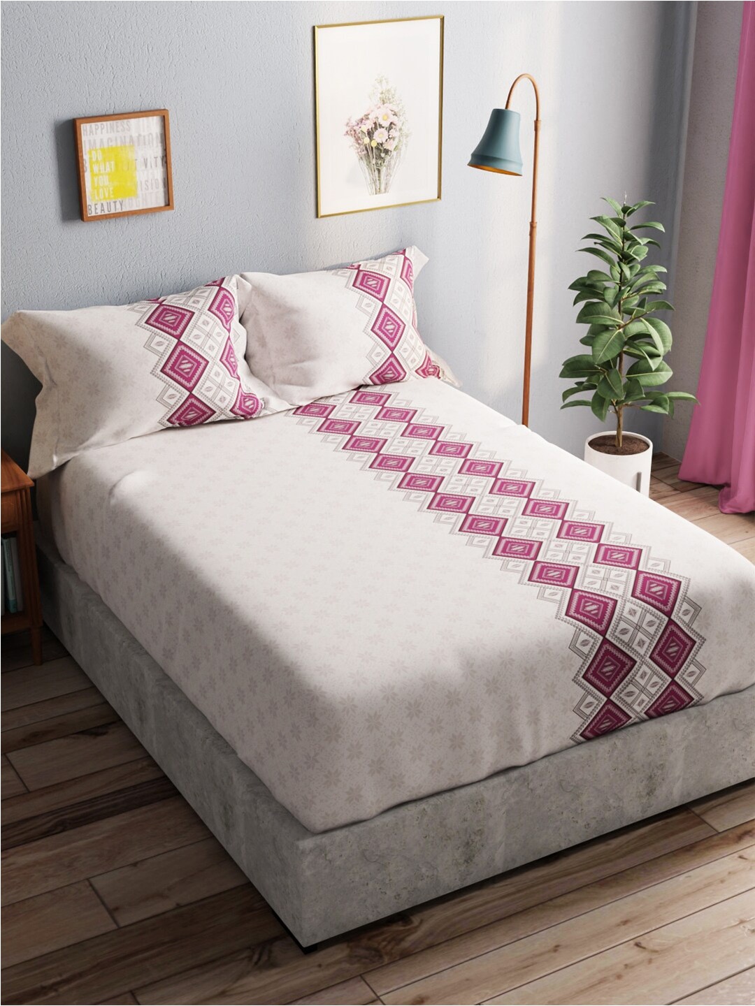 

BIANCA Off White & Purple Pure Cotton 140 TC Queen Bedsheet with 2 Pillow Covers
