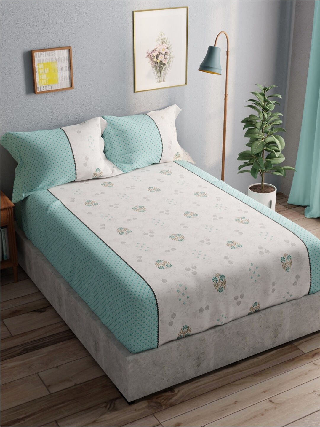 

BIANCA Amolina White & Teal Floral Cotton 140 TC Queen Bedsheet With 2 Pillow Covers