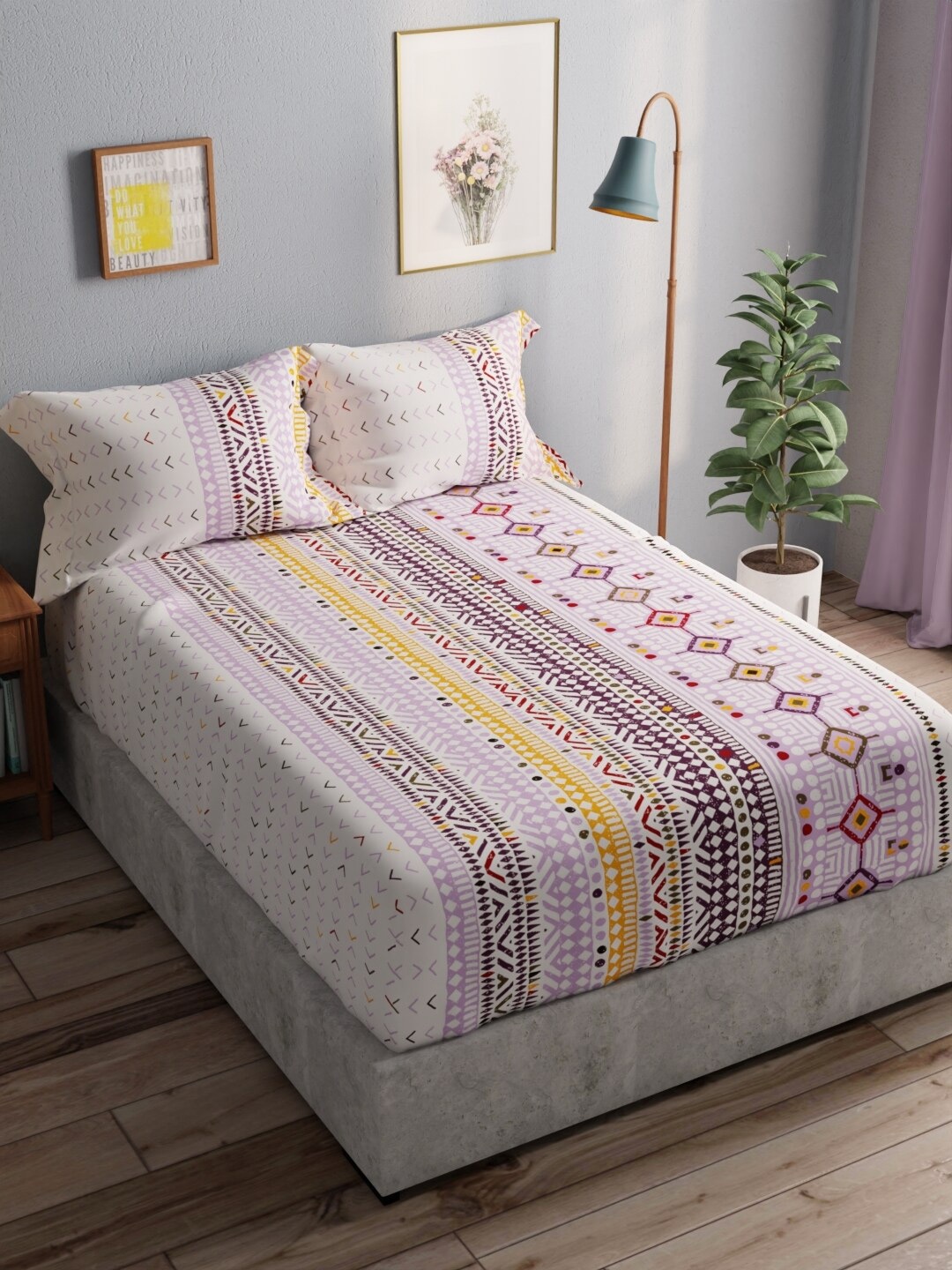 

BIANCA White & Purple Pure Cotton 140 TC Queen Bedsheet with 2 Pillow Covers