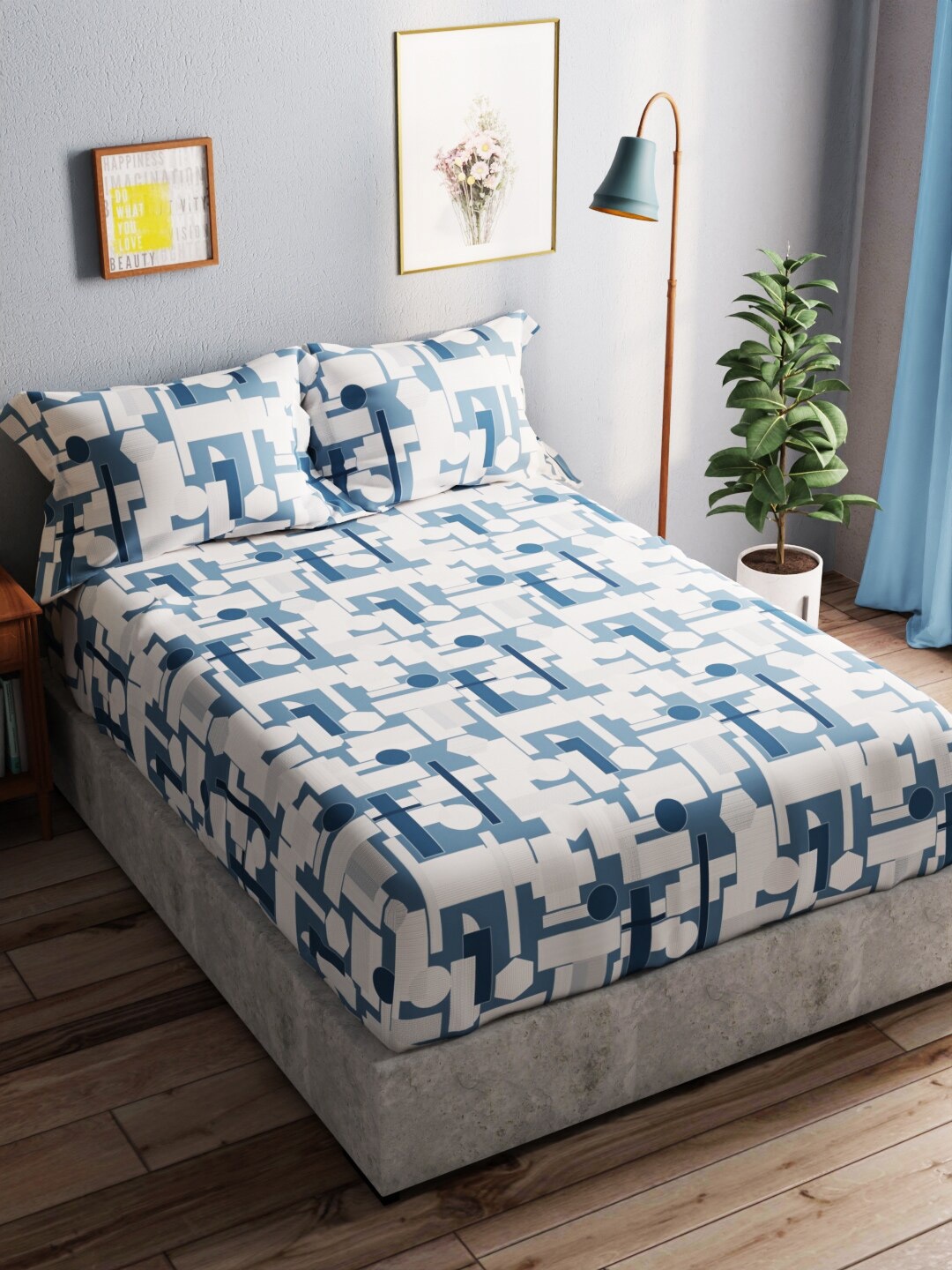 

BIANCA Amolina Blue & White Geometric Cotton 140 TC Queen Bedsheet With 2 Pillow Covers