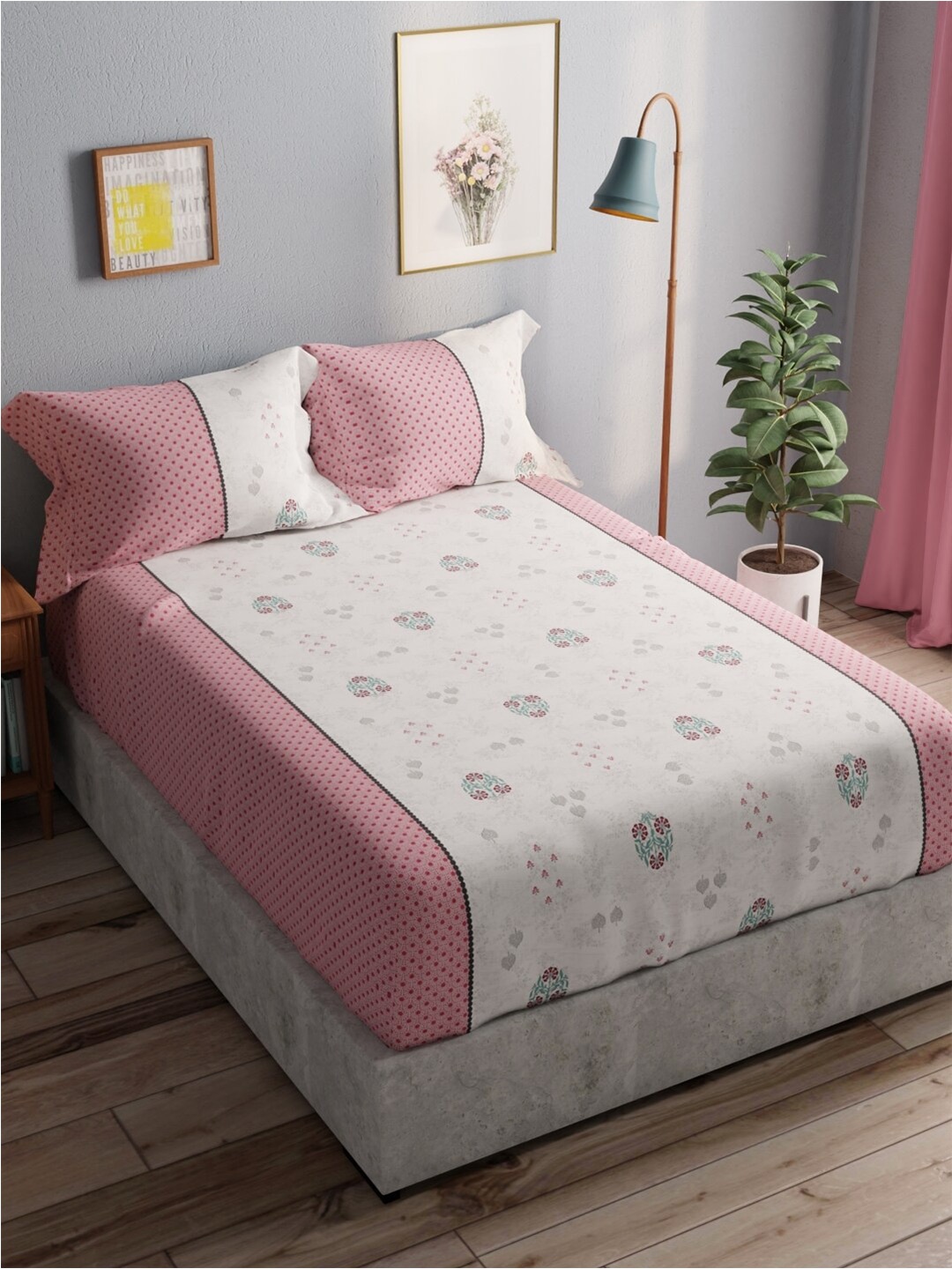

BIANCA Amolina White & Red Floral Cotton 140 TC Queen Bedsheet With 2 Pillow Covers