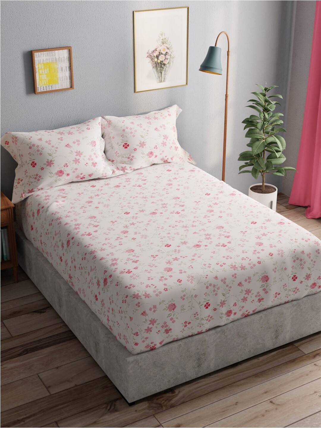 

BIANCA Amolina Off White & Pink Floral Cotton 140 TC Queen Bedsheet With 2 Pillow Covers