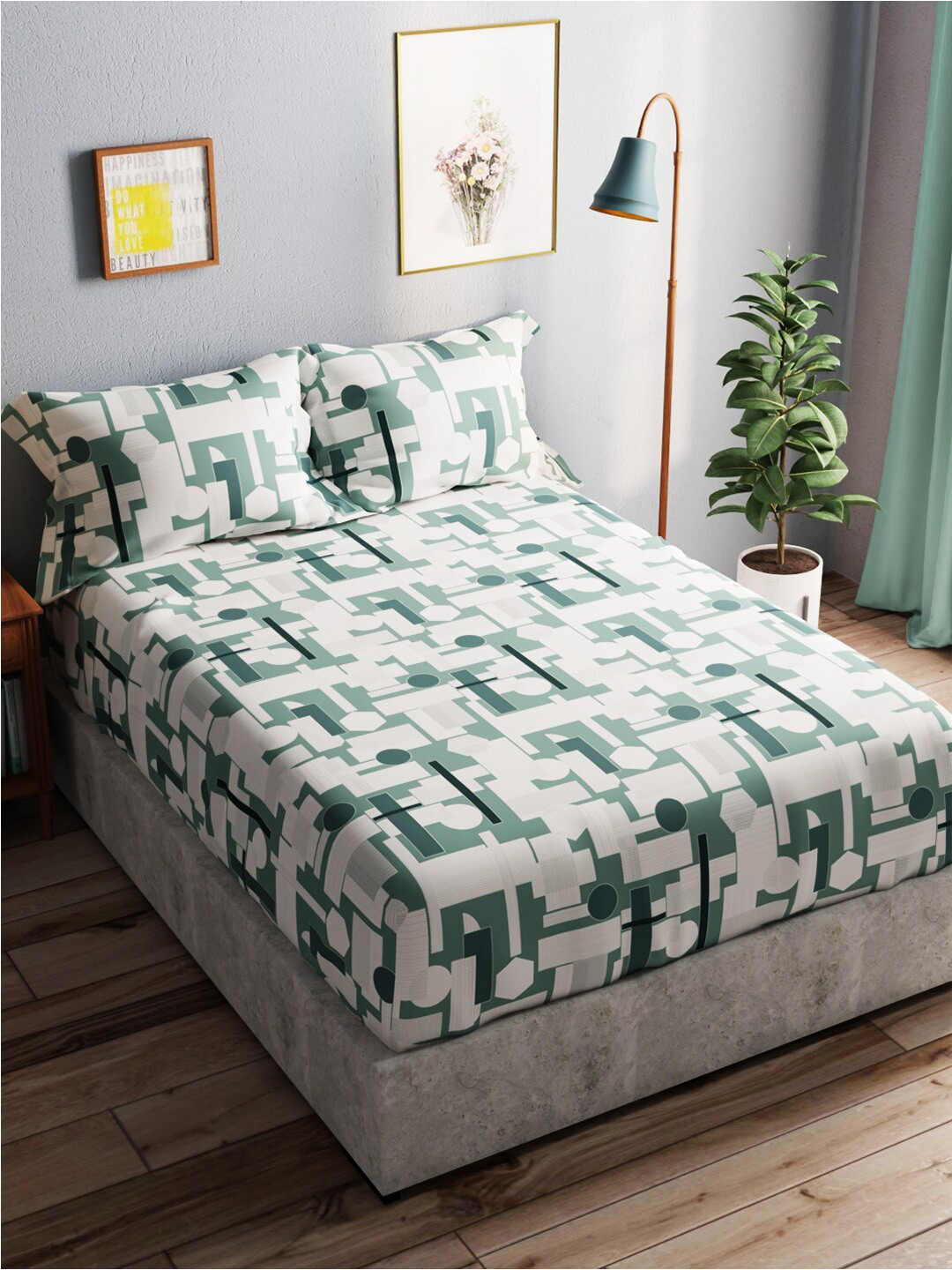 

BIANCA Amolina Teal & White Geometric Cotton 140 TC Queen Bedsheet With 2 Pillow Covers