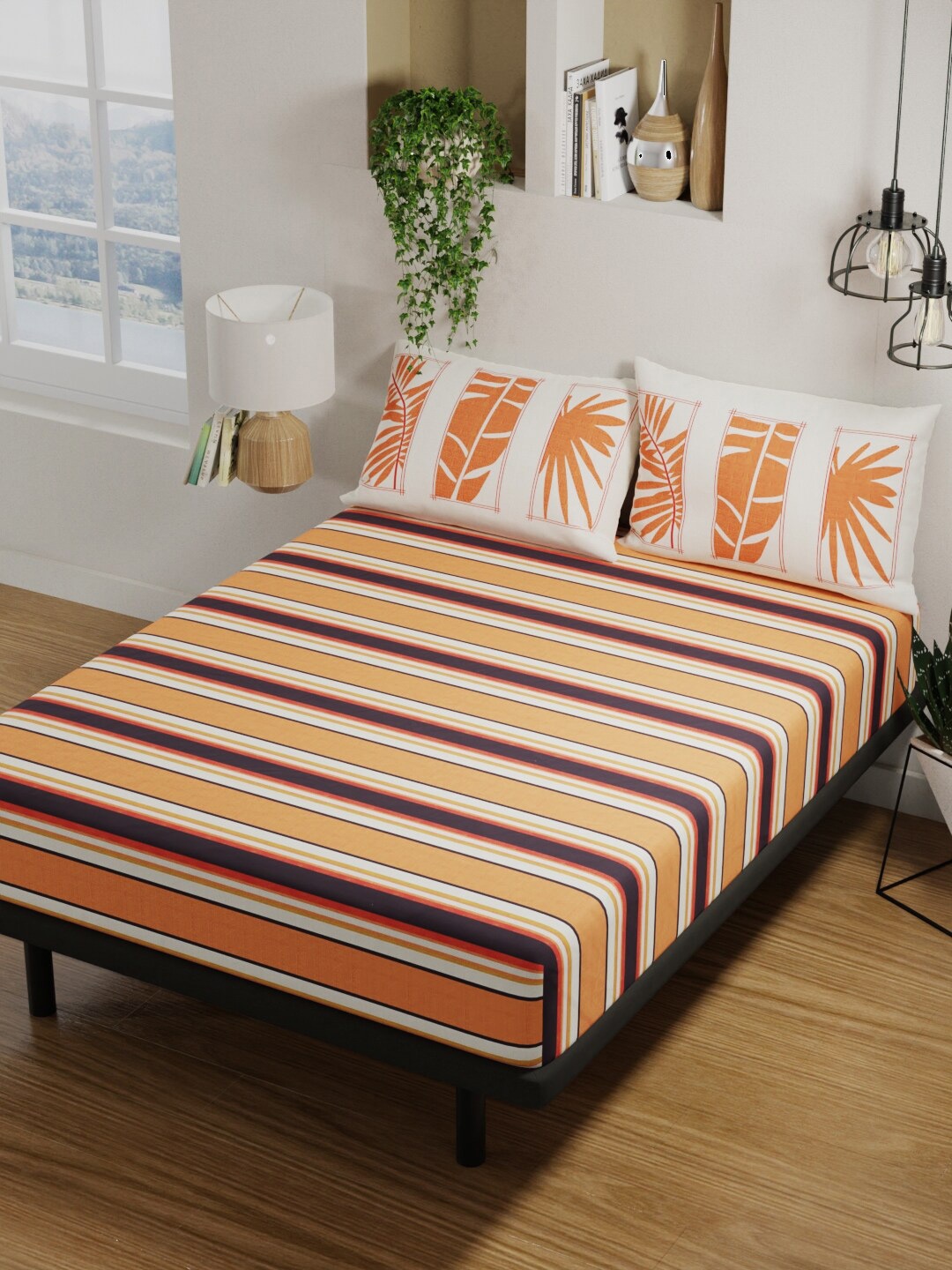 

BIANCA Orange & White Striped Pure Cotton 144 TC Queen Bedsheet with 2 Pillow Covers