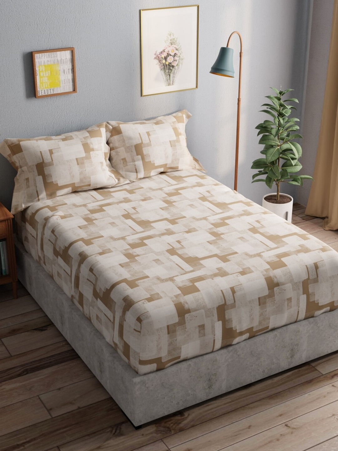 

BIANCA Off White & Mustard Yellow Geometric Cotton 140 TC Queen Bedsheet & 2 Pillow Covers
