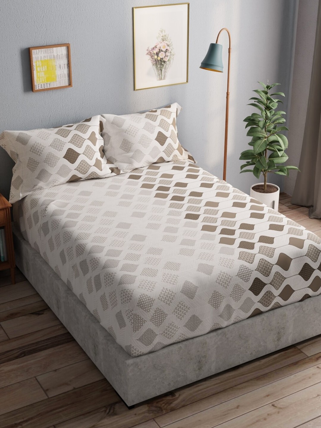 

BIANCA Off White & Brown Geometric Pure Cotton 140 TC Queen Bedsheet with 2 Pillow Covers