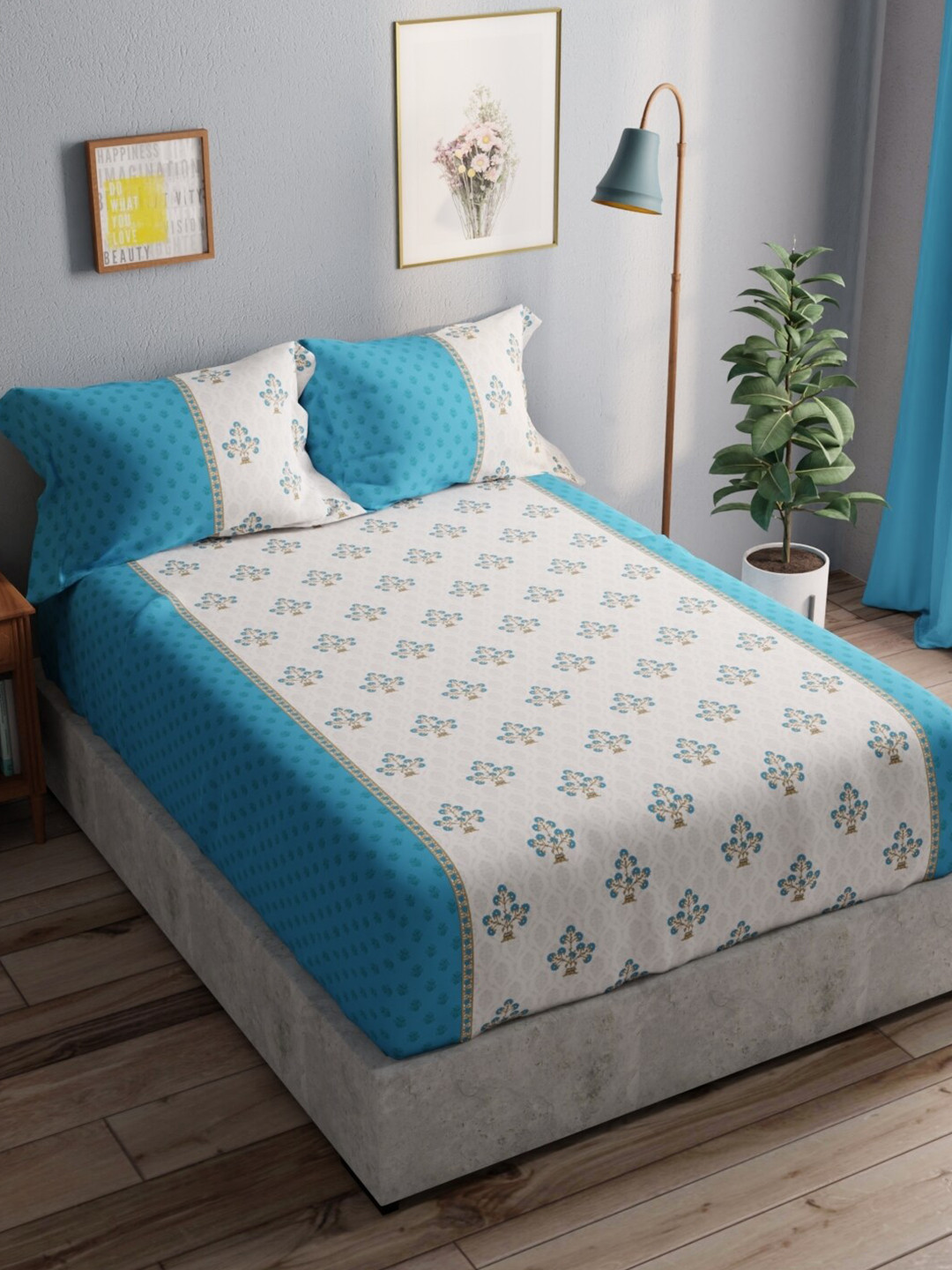 

BIANCA White & Turquoise Blue Pure Cotton 140 TC Queen Bedsheet with 2 Pillow Covers