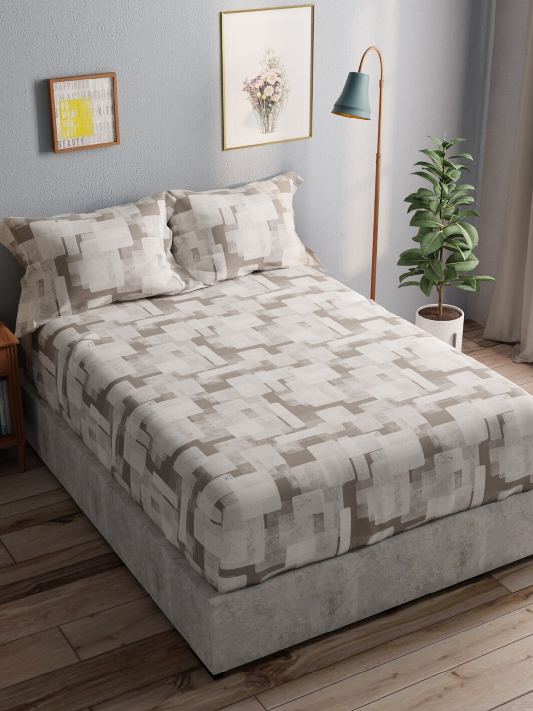 

BIANCA Grey & White Pure Cotton 140 TC Queen Bedsheet with 2 Pillow Covers