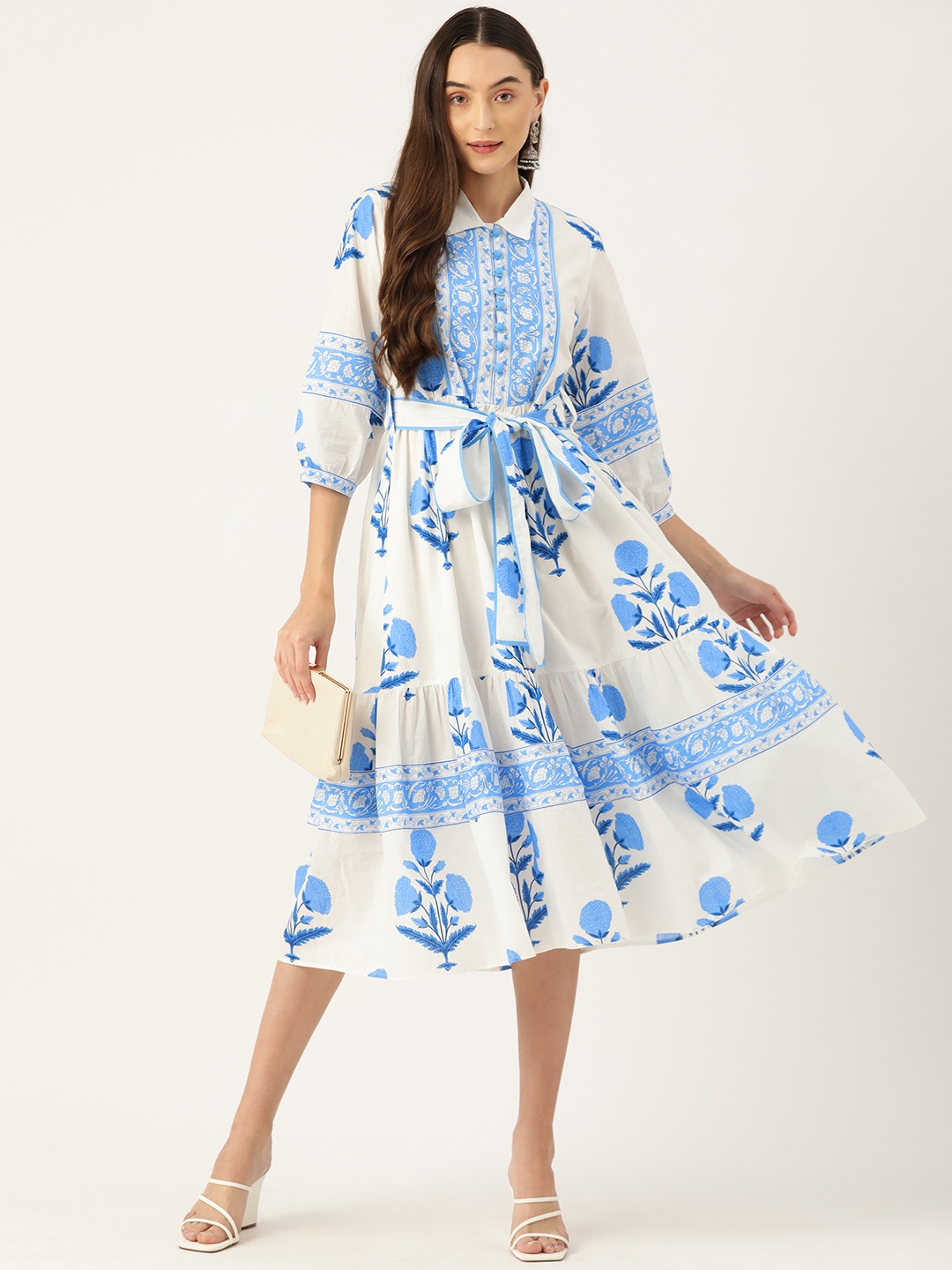 

Jaipur Morni Floral Print Flutter Sleeve A-Line Cotton Midi Dress, White