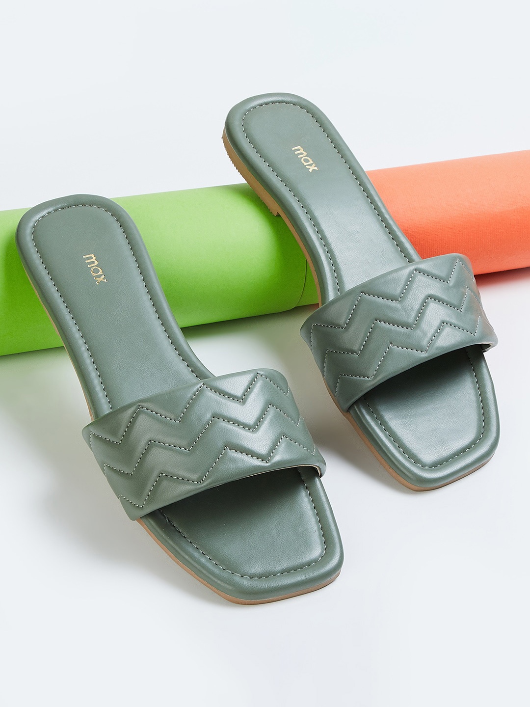 max Zig-Zag Pattern Open Toe Flats, Olive