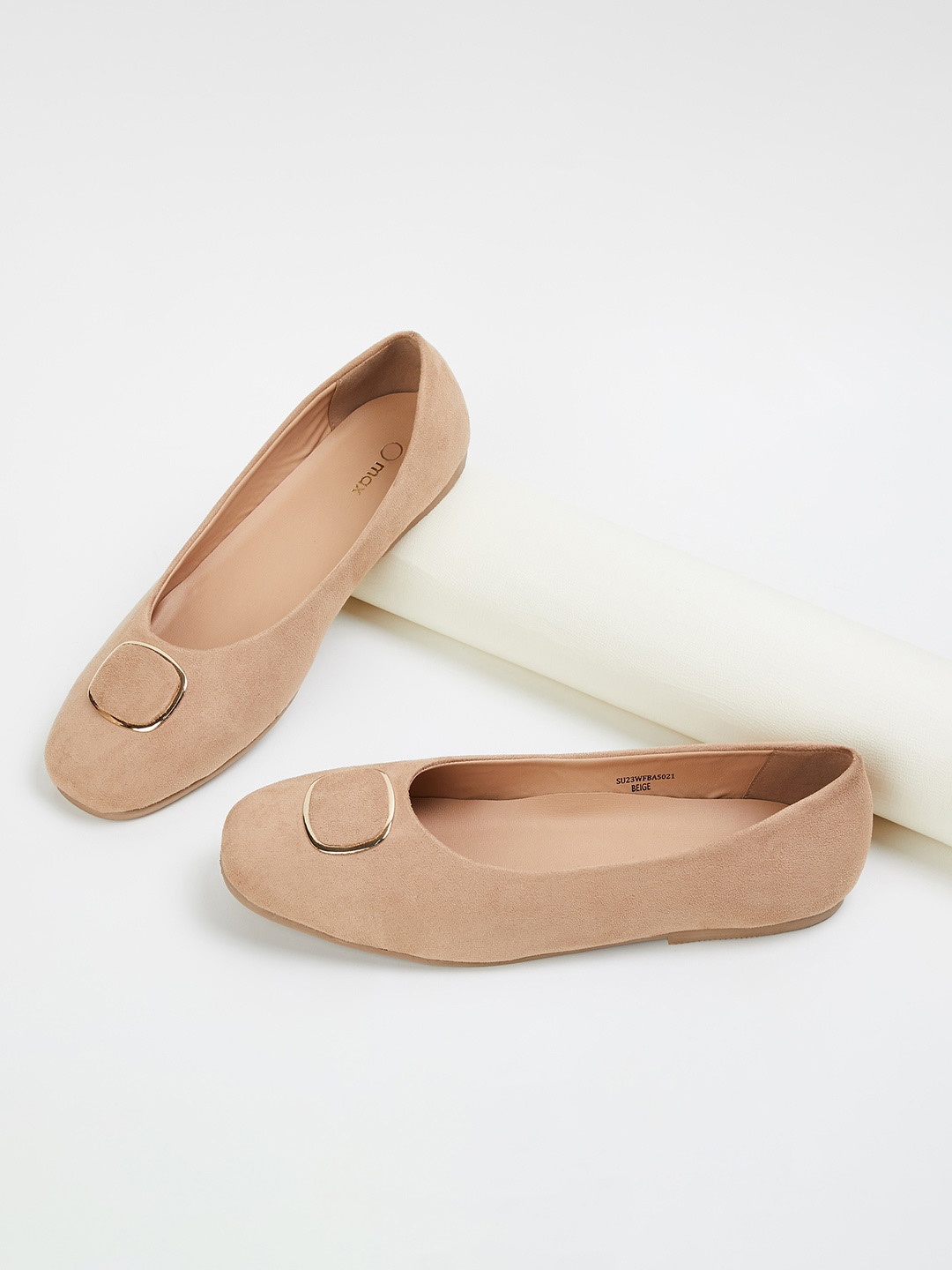 max Buckled Square Toe Ballerinas, Beige