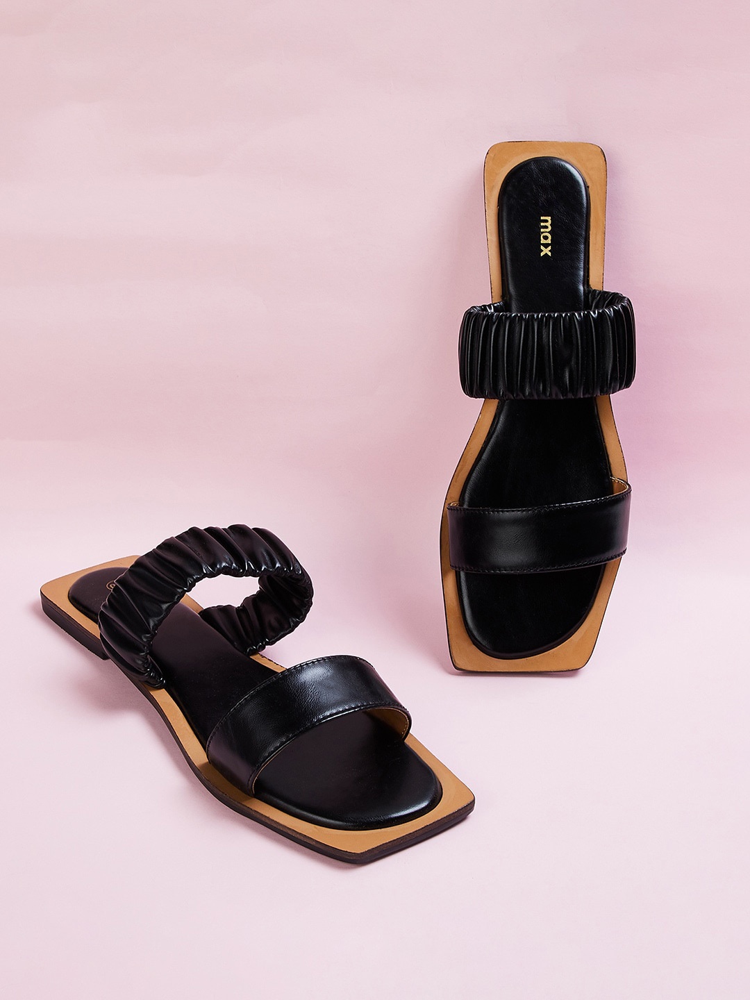 max Double Strap Open Toe Flats, Black