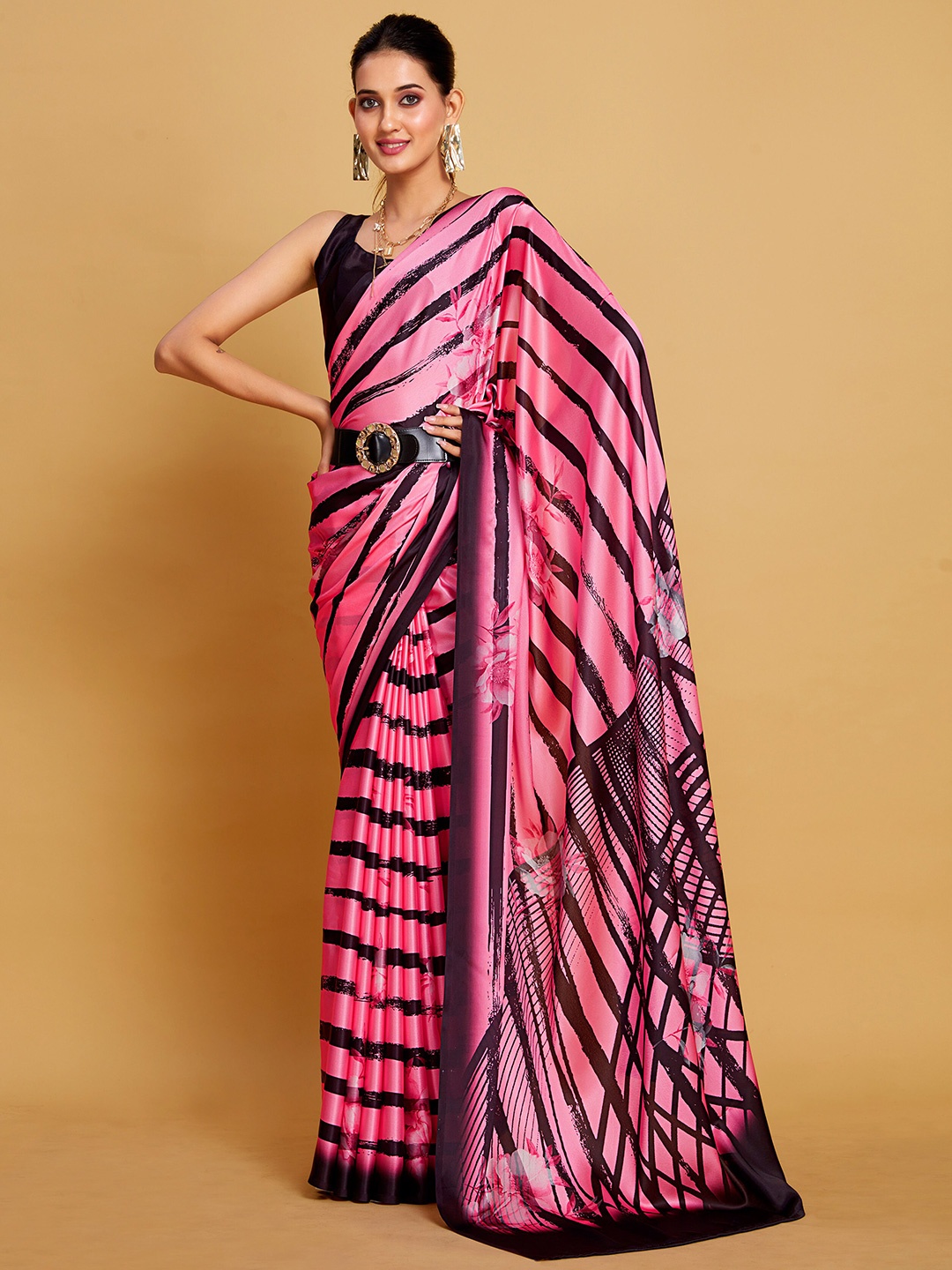 Sangria Pink Striped Satin Saree