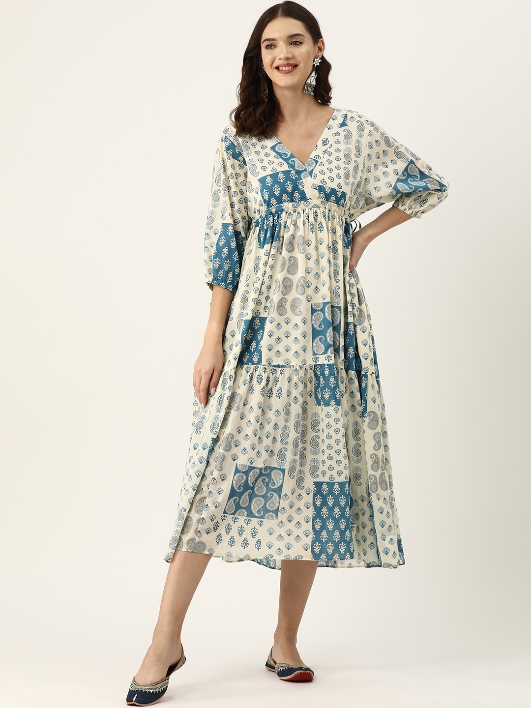 

Jaipur Morni Ethnic Motifs Print Puff Sleeves Pure Cotton Midi Wrap Ethnic Dress, Off white