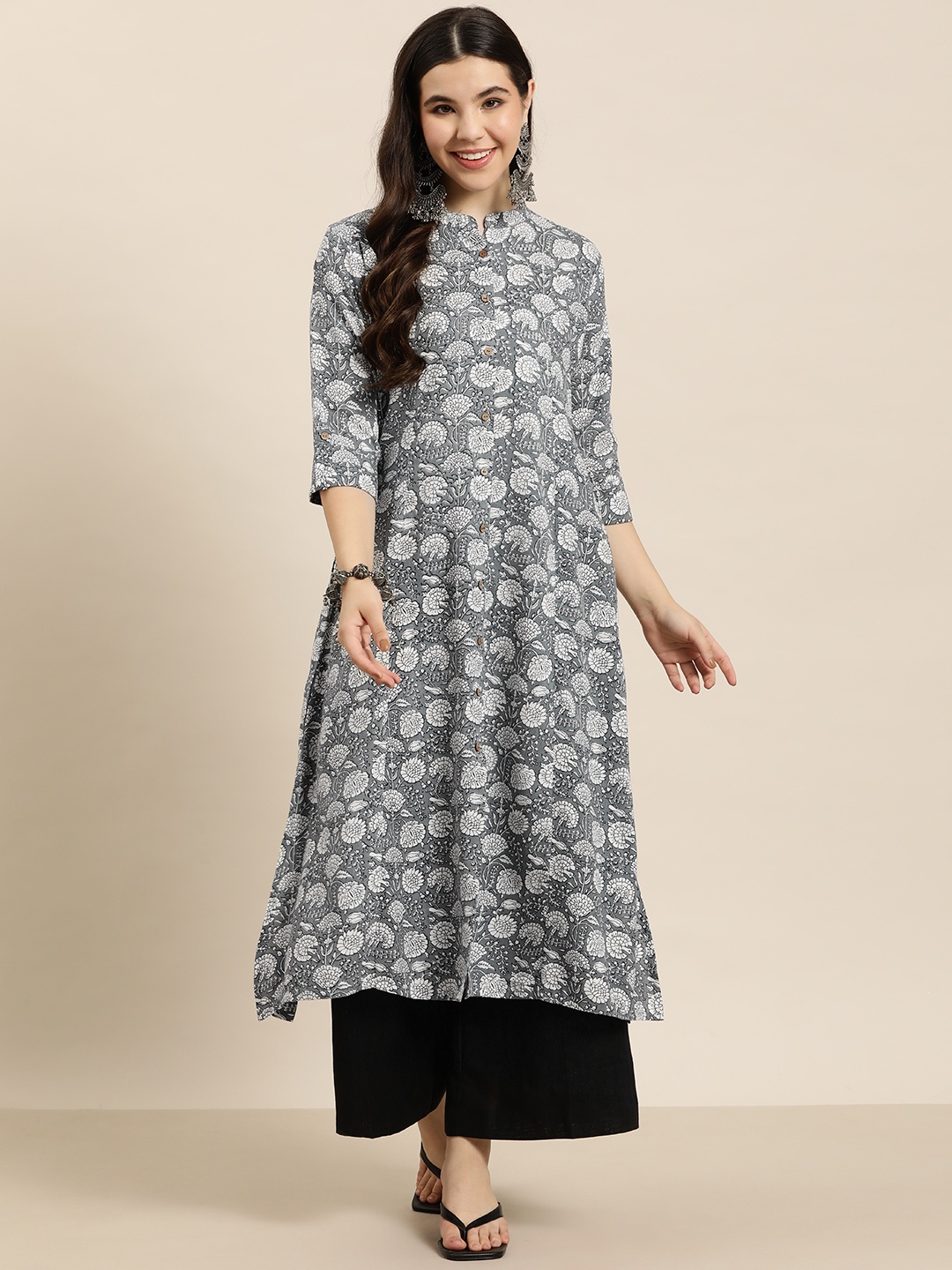 

HERE&NOW Floral Printed Mandarin Collar Kurta, Grey