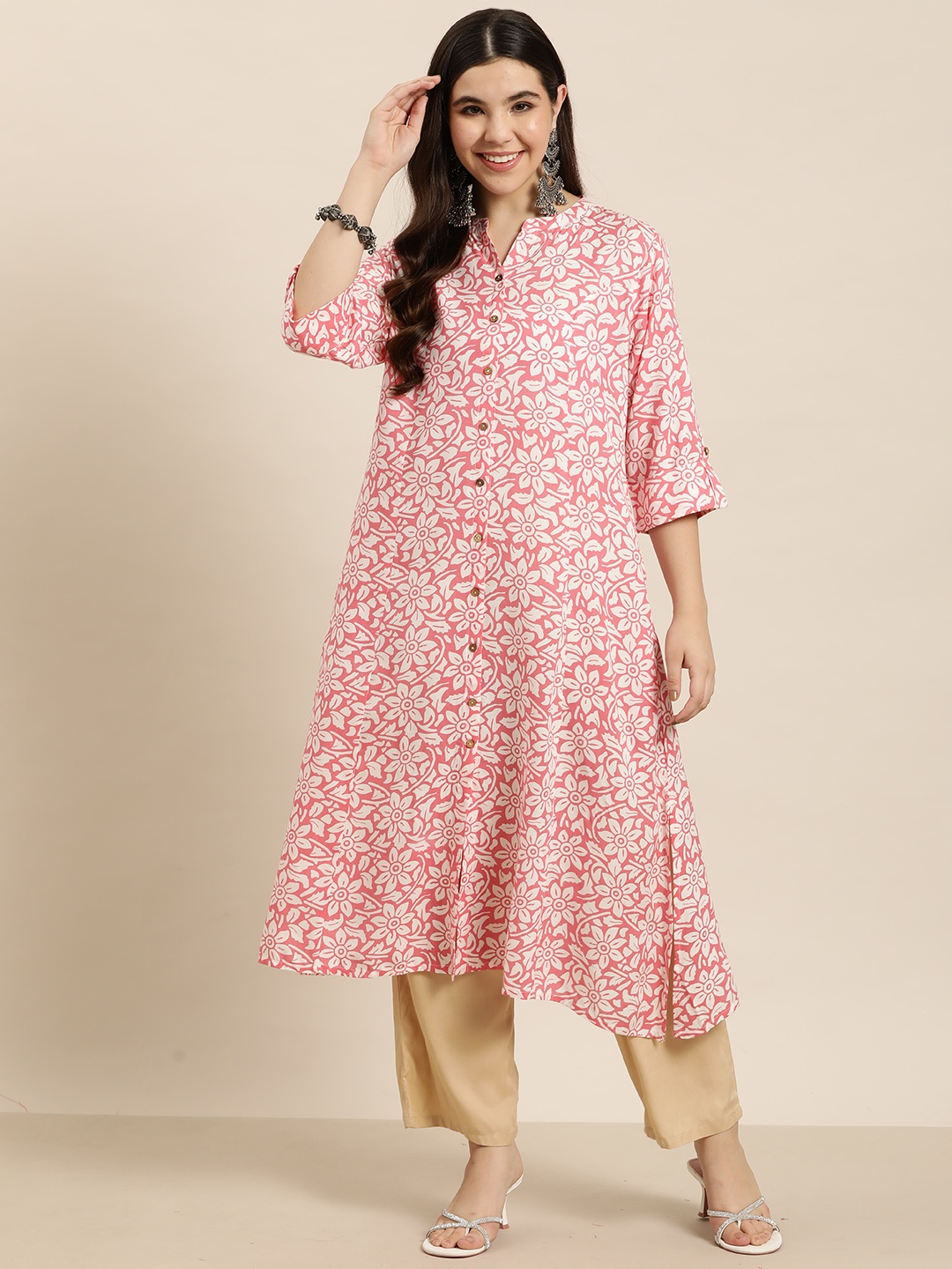 

HERE&NOW Floral Printed Mandarin Collar Kurta, Pink