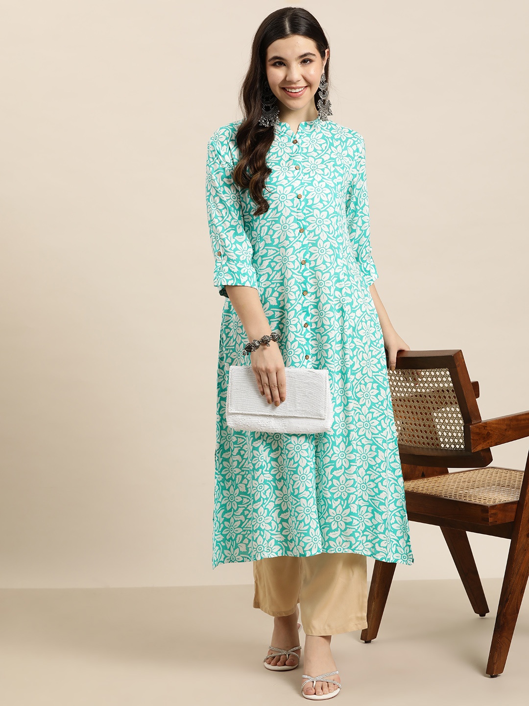 

HERE&NOW Floral Printed Mandarin Collar Kurta, Sea green