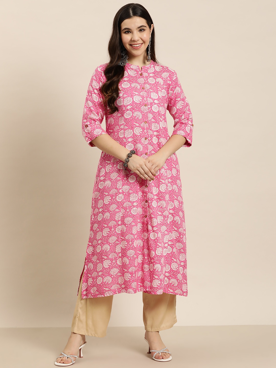 

HERE&NOW Floral Printed Mandarin Collar Kurta, Pink