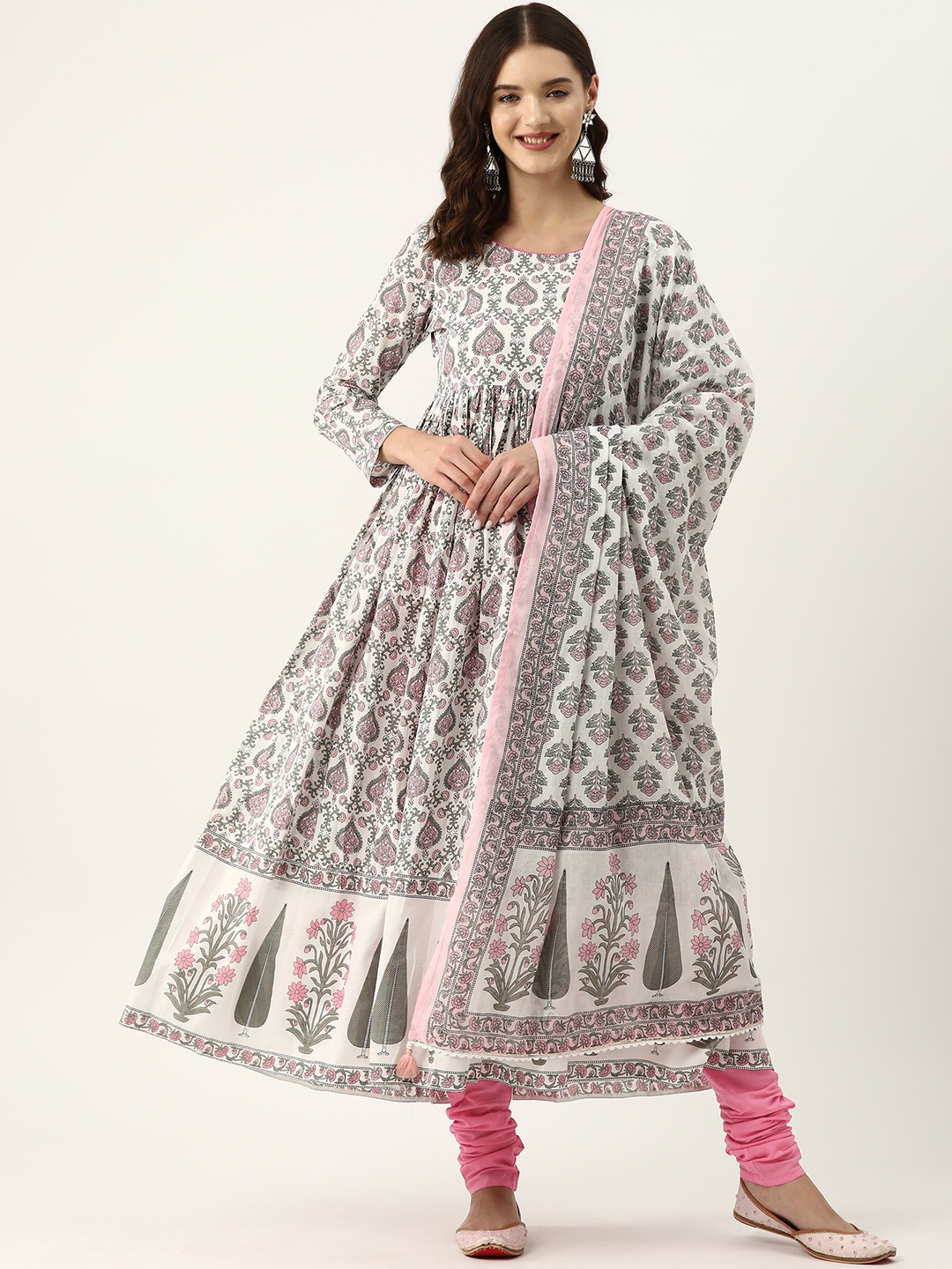 

Jaipur Morni Ethnic Motifs Printed Pleated Pure Cotton Kurta with Churidar & Dupatta, White