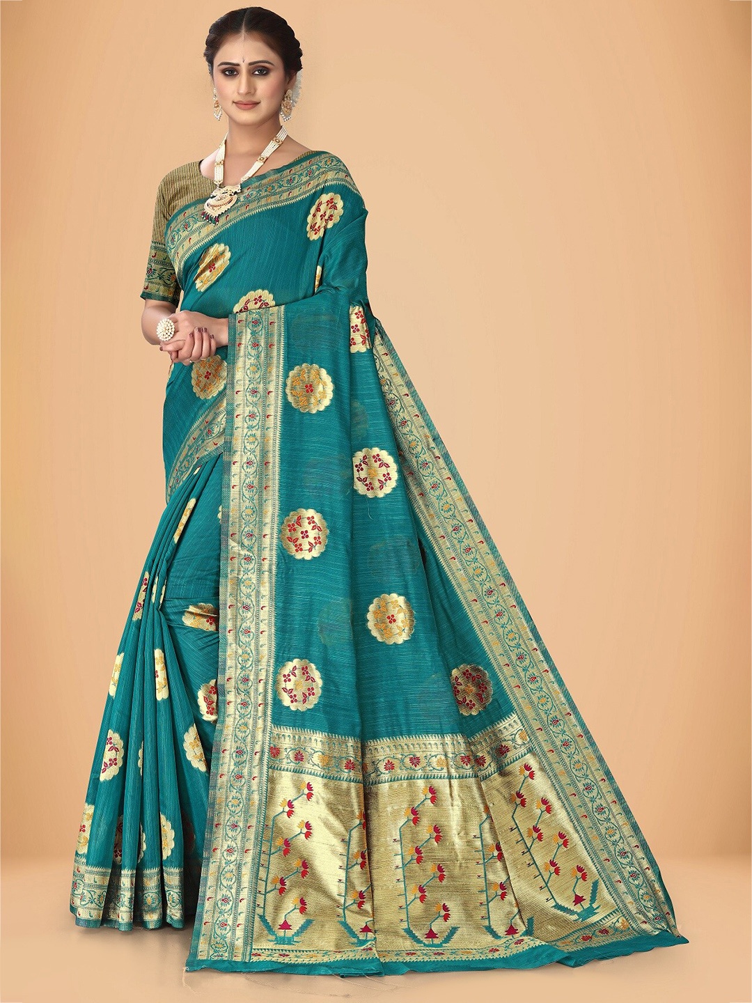 

Rivana Ethnic Motifs Woven Design Zari Banarasi Saree, Teal