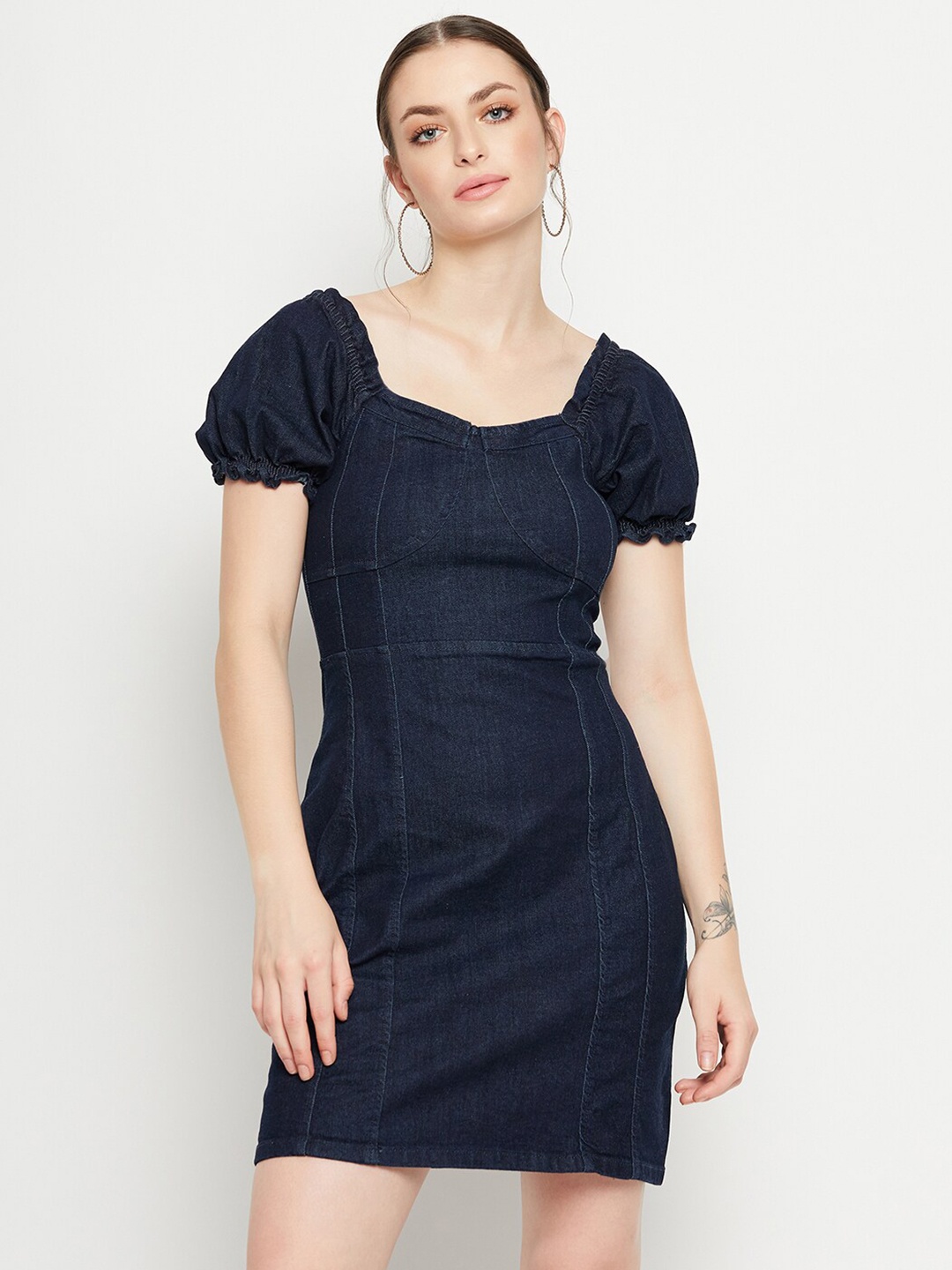 

Madame Sweetheart Neck Puff Sleeves Sheath Dress, Blue