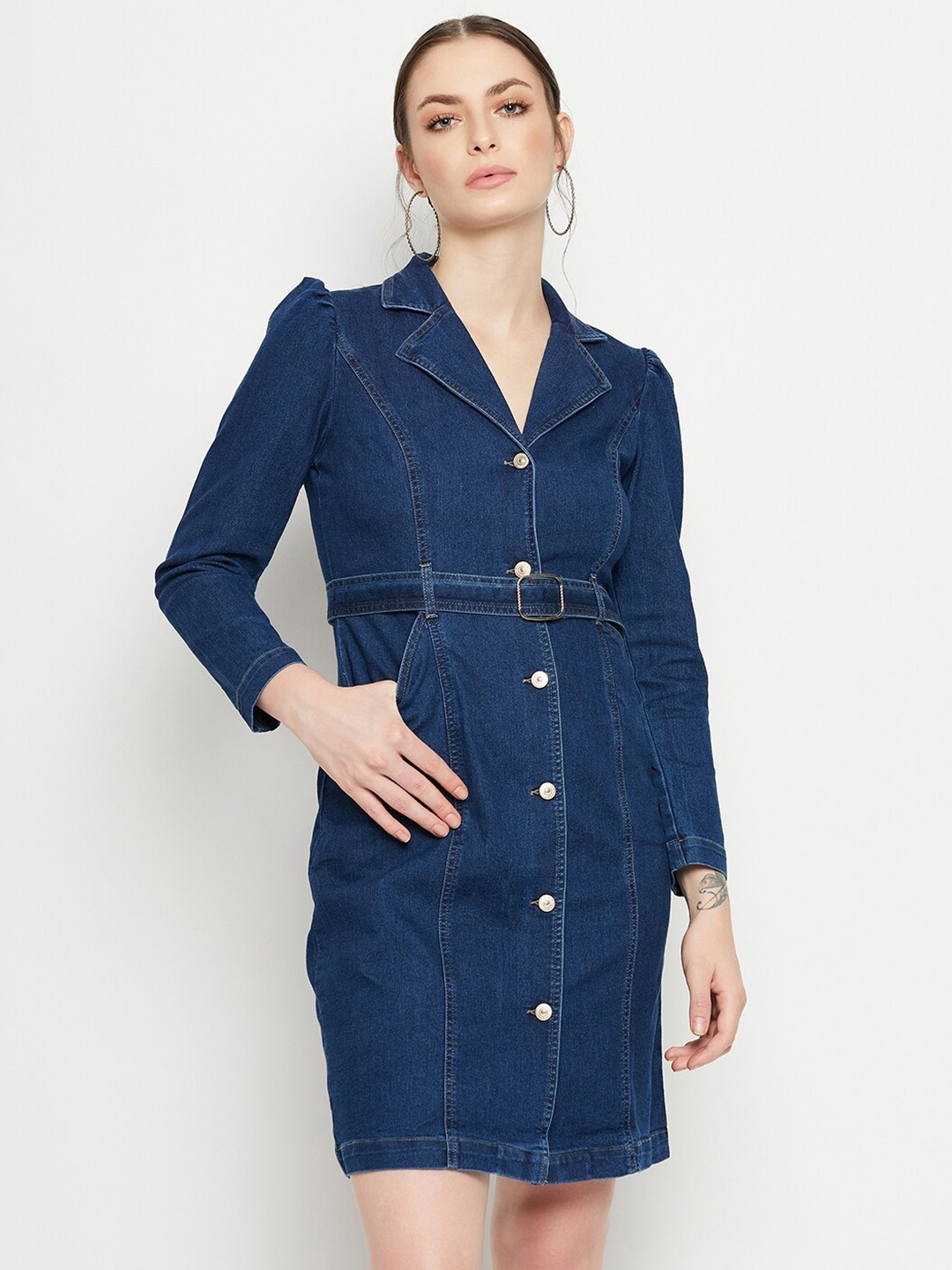 

Madame Shirt Collar Belted Shirt Dress, Navy blue