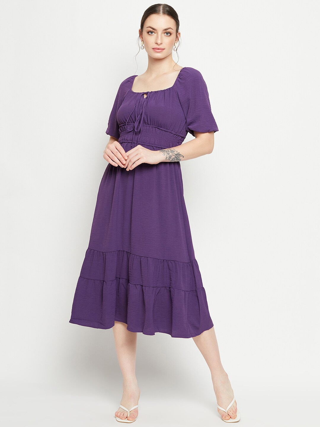 Madame Puff Sleeves Tie Up Neck Tiered Empire Midi Dress, Mauve