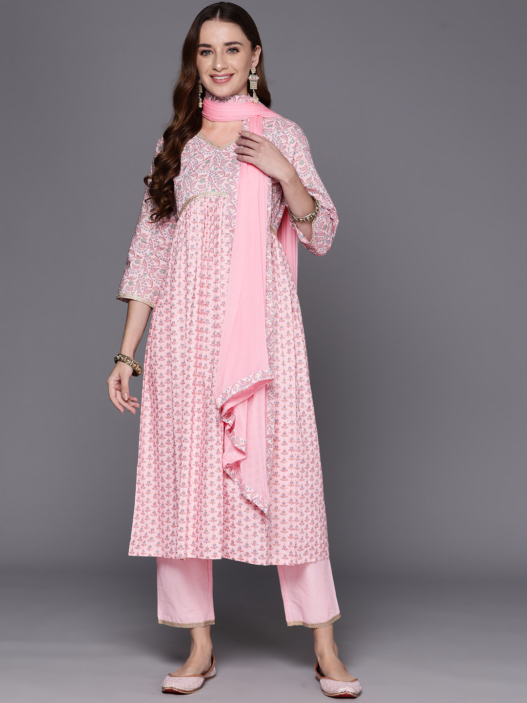 

Indo Era Women Floral Printed Thread Work Pure Cotton Kurta with Trousers & With Dupatta, Pink