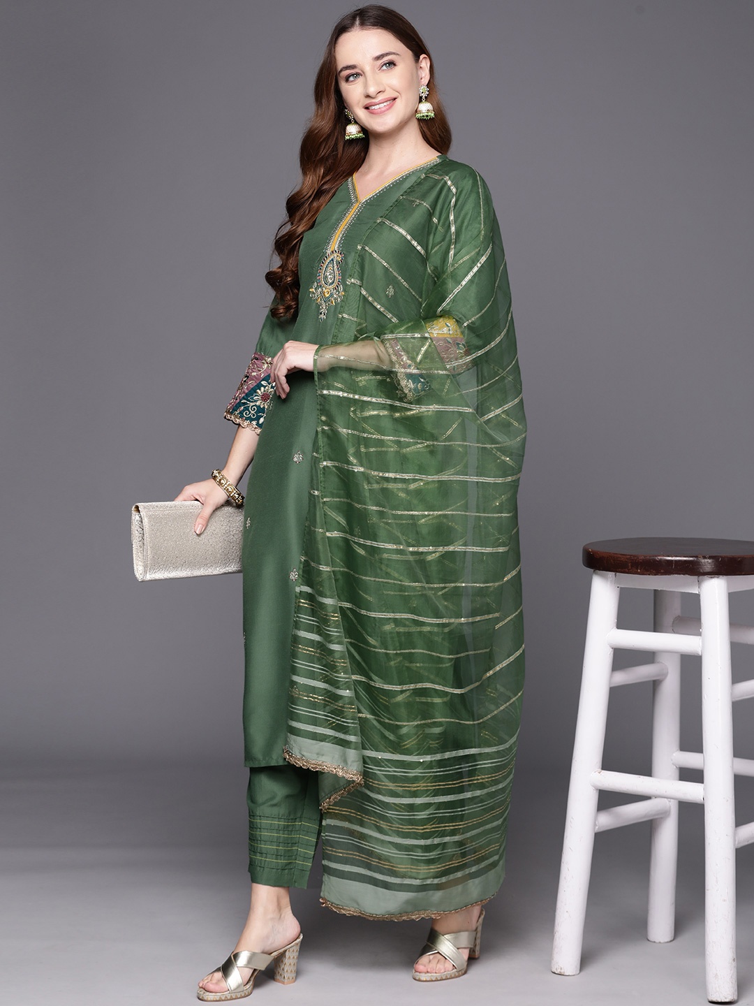 

Indo Era Paisley Embroidered Regular Kurta with Trousers & Dupatta, Green