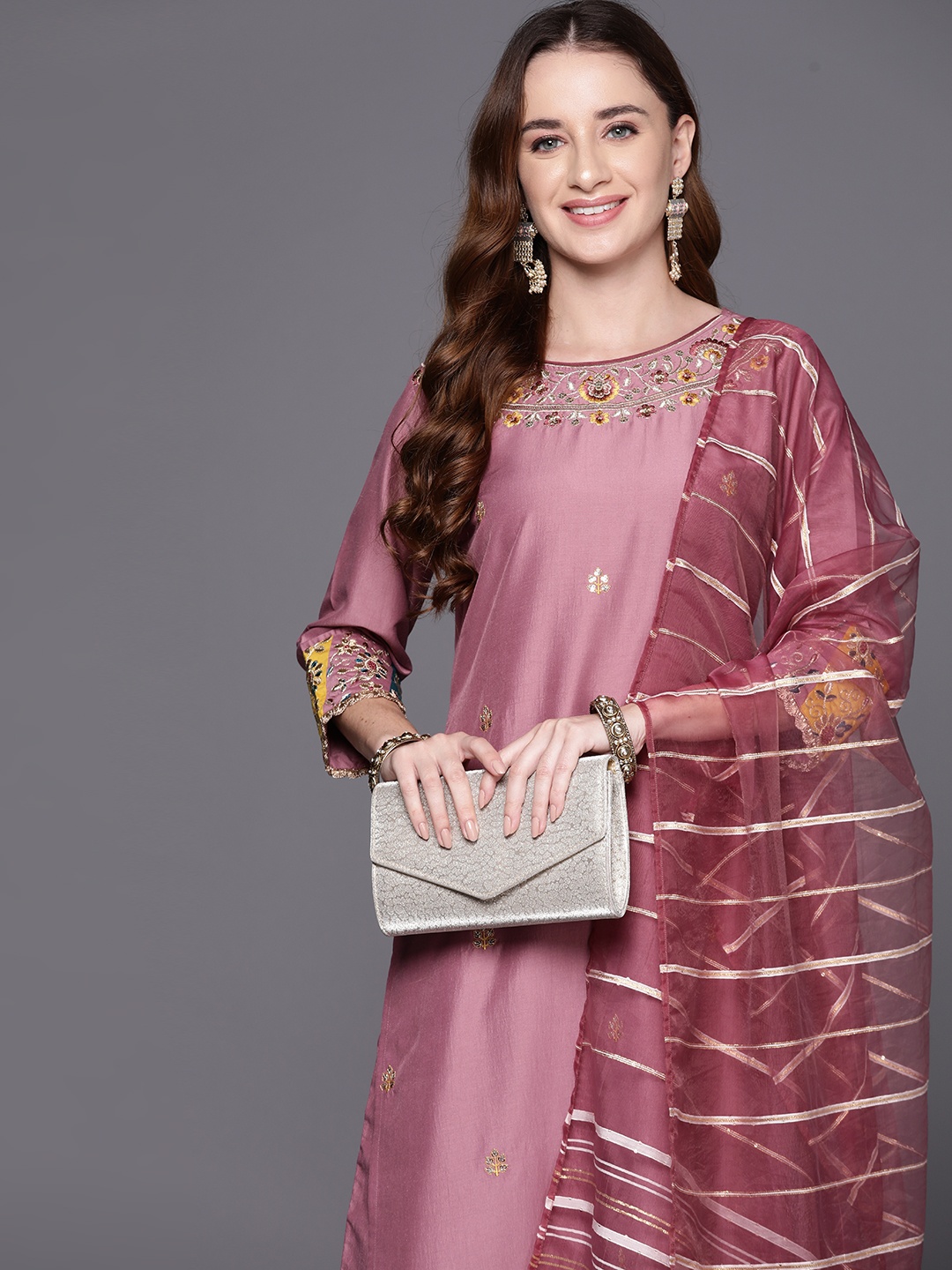 

Indo Era Embroidered Regular Sequinned Kurta with Trousers & Dupatta, Mauve