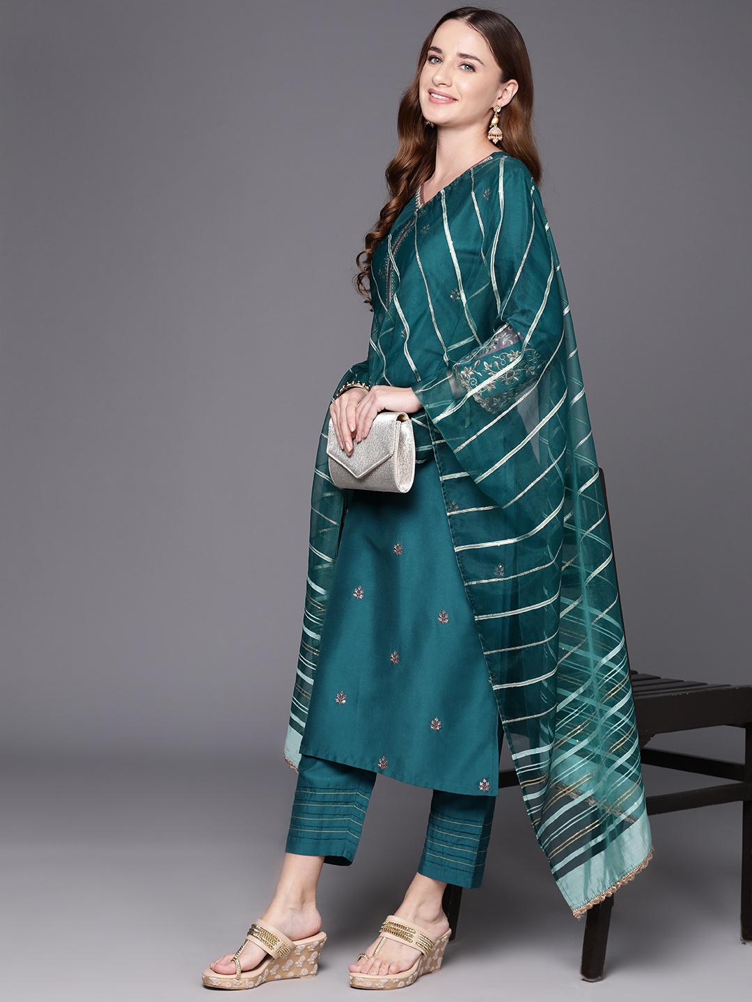 

Indo Era Embroidered Regular Sequinned Kurta with Trousers & Dupatta, Teal