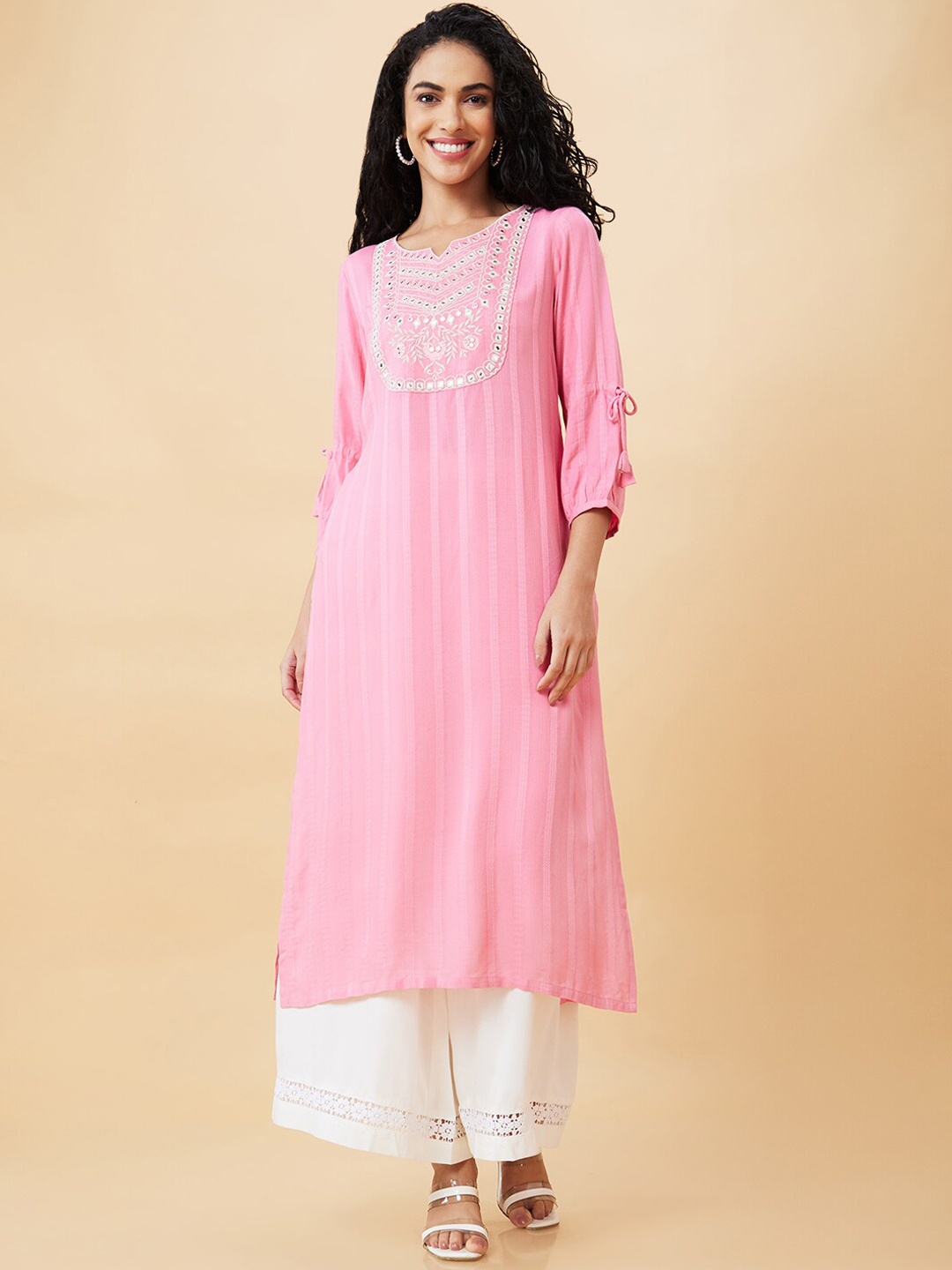 

Globus Pink Ethnic Motifs Embroidered Mirror Work A-Line Kurta