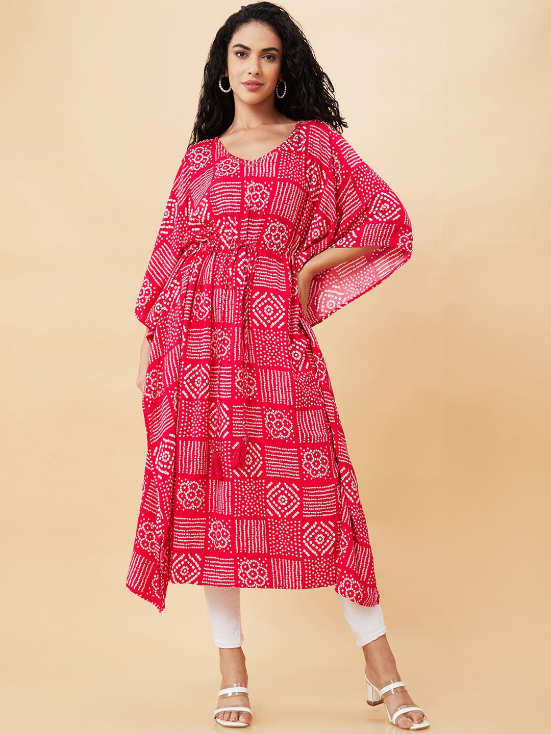 

Globus Pink & White Bandhani Printed V-Neck Sequined Kaftan Kurta