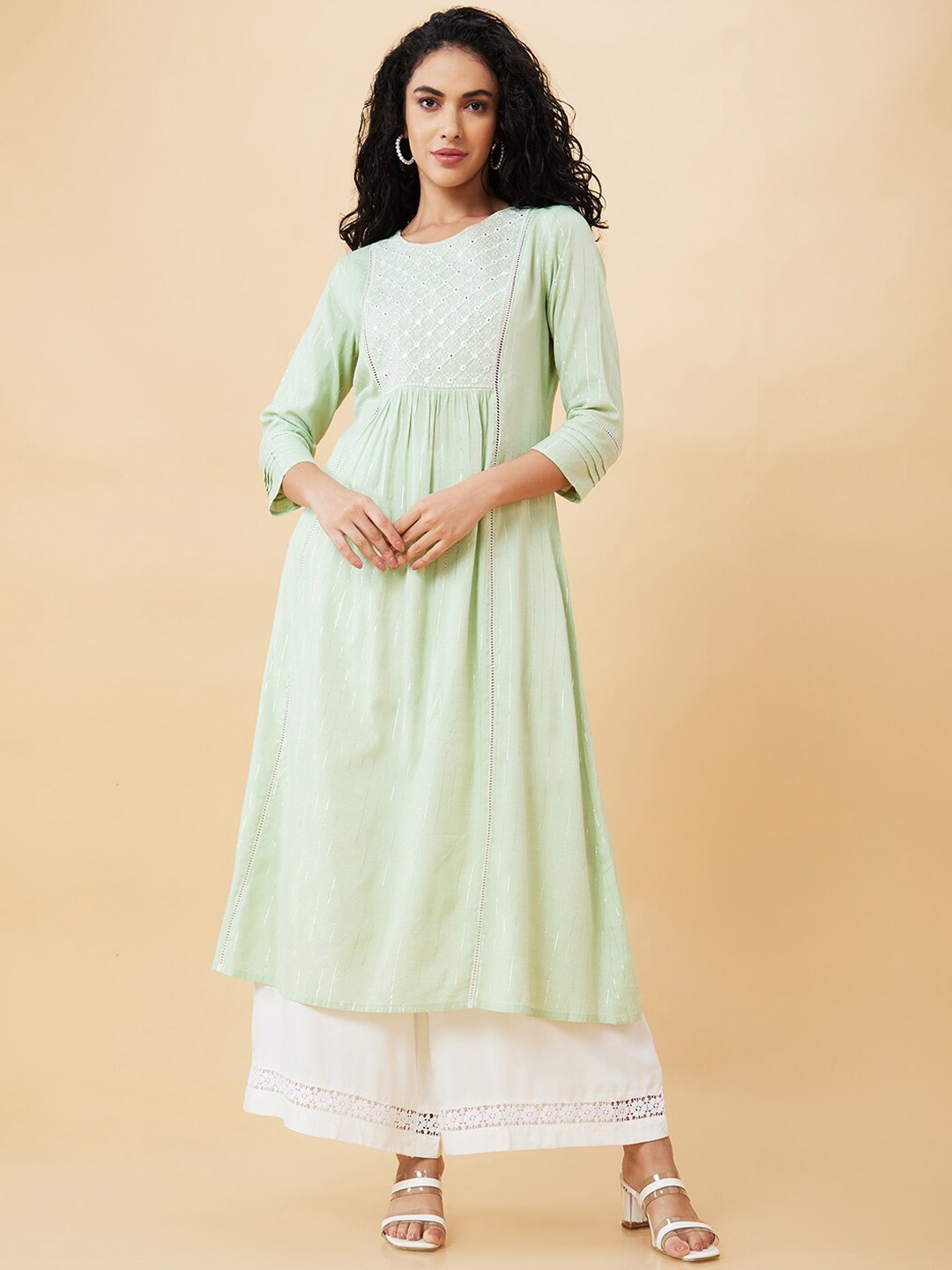 

Globus Green Ethnic Motifs Yoke Design Thread & Mirror Work Pure Cotton A-Line Kurta