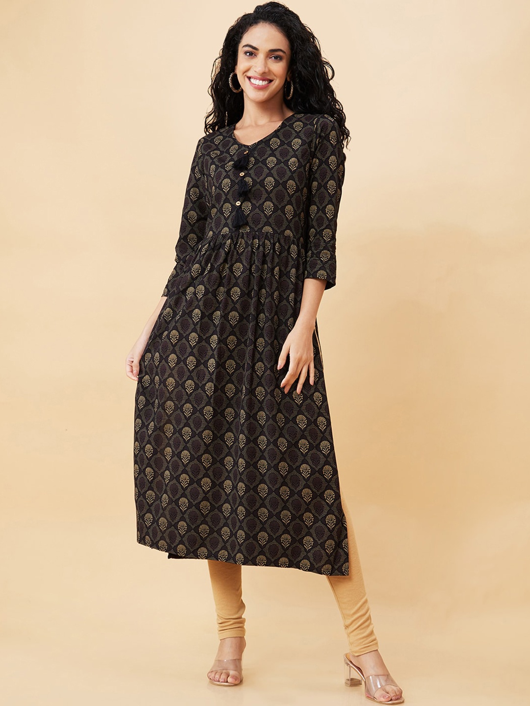 

Globus Black Ethnic Motifs Printed V-Neck A-Line Kurta