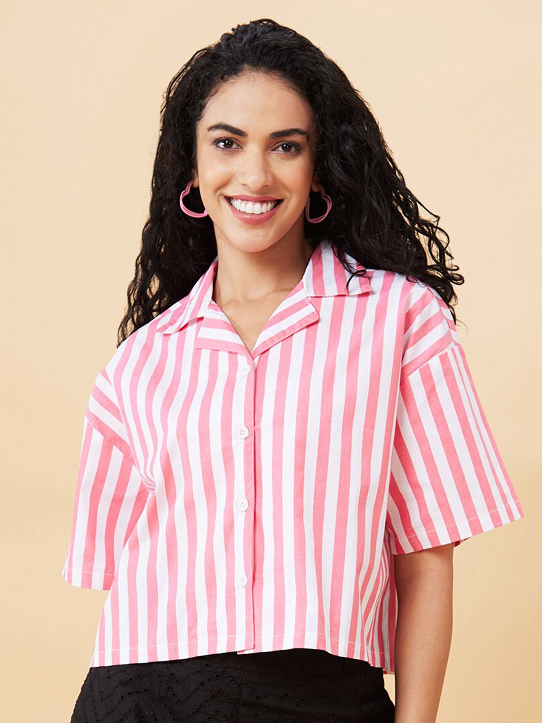

Globus Pink Striped Pure Cotton Shirt Style Crop Top