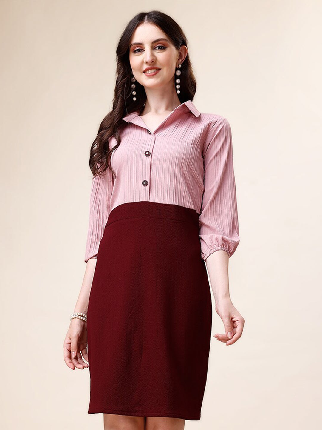 

DEKLOOK Colourblocked Shirt Collar Shirt Dress, Pink