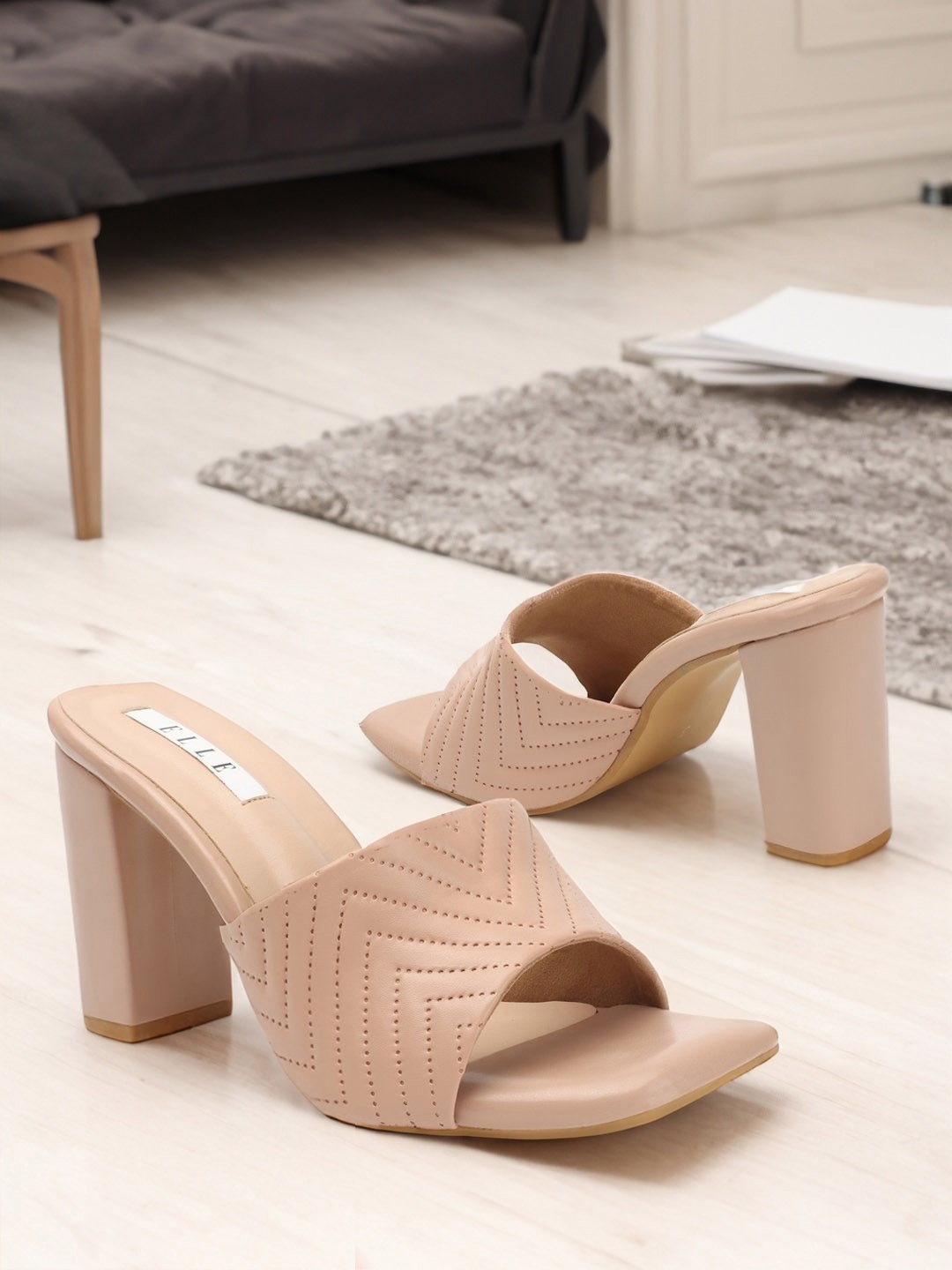 

ELLE Textured Open Toe Block Heels, Peach