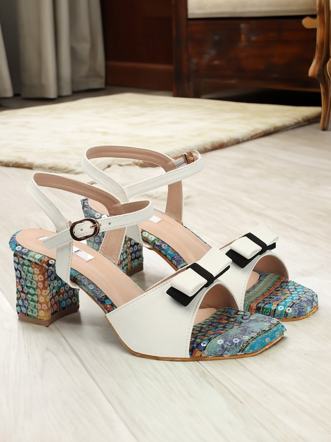 

ELLE Printed Bow Detail Block Heels, White
