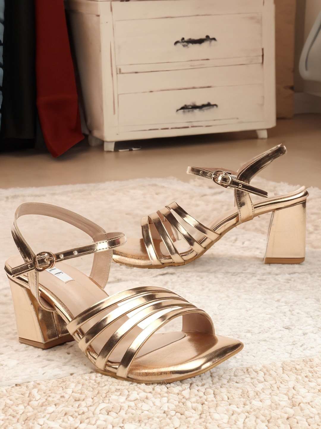 

ELLE Strappy Open Toe Block Heels, Rose gold