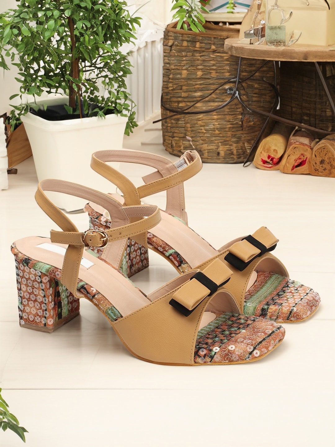 ELLE Printed Bow Detail Block Heels, Beige